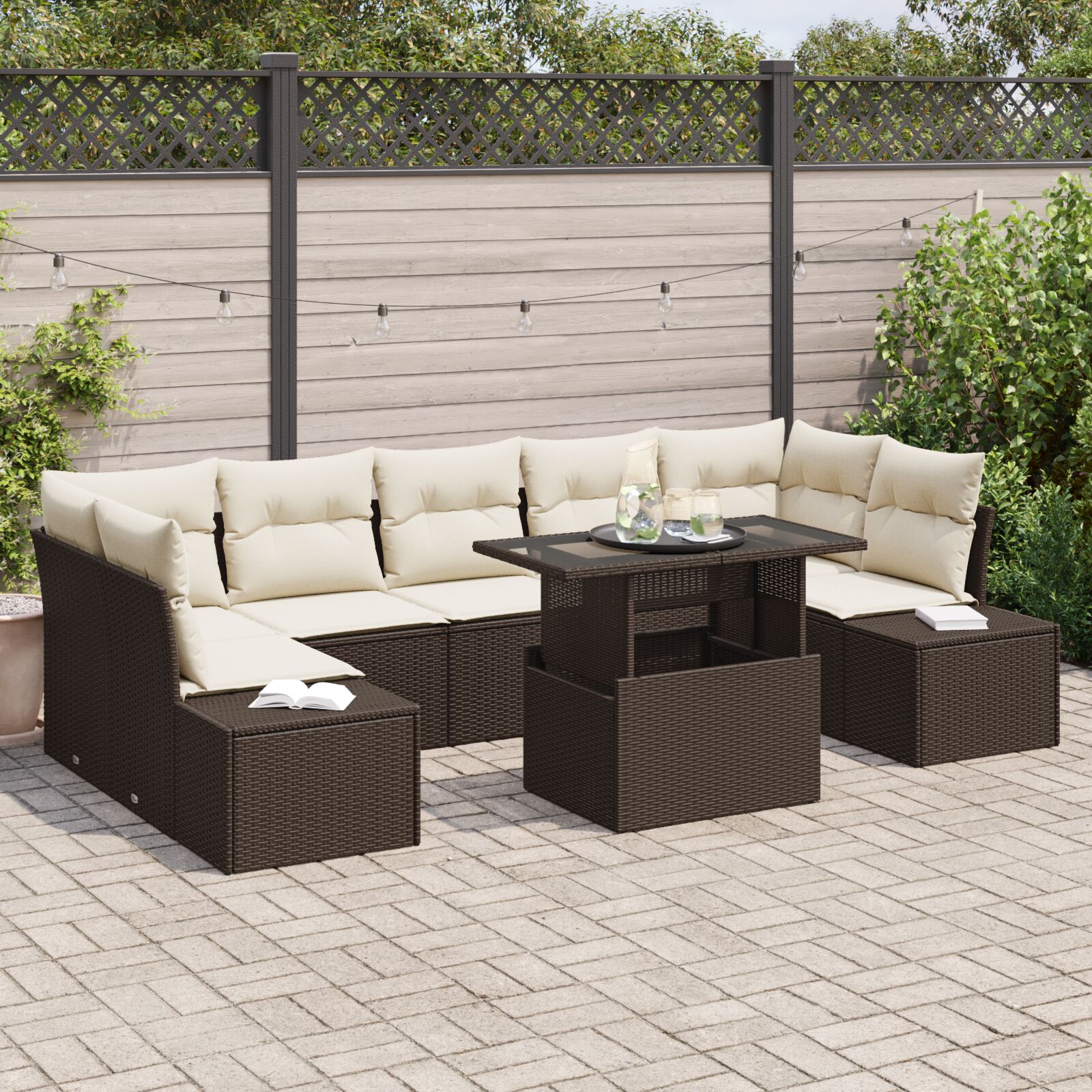 vidaXL Garten Sofa Set 8-teilig Dunkelbraun, Creme Rattan, Polyester