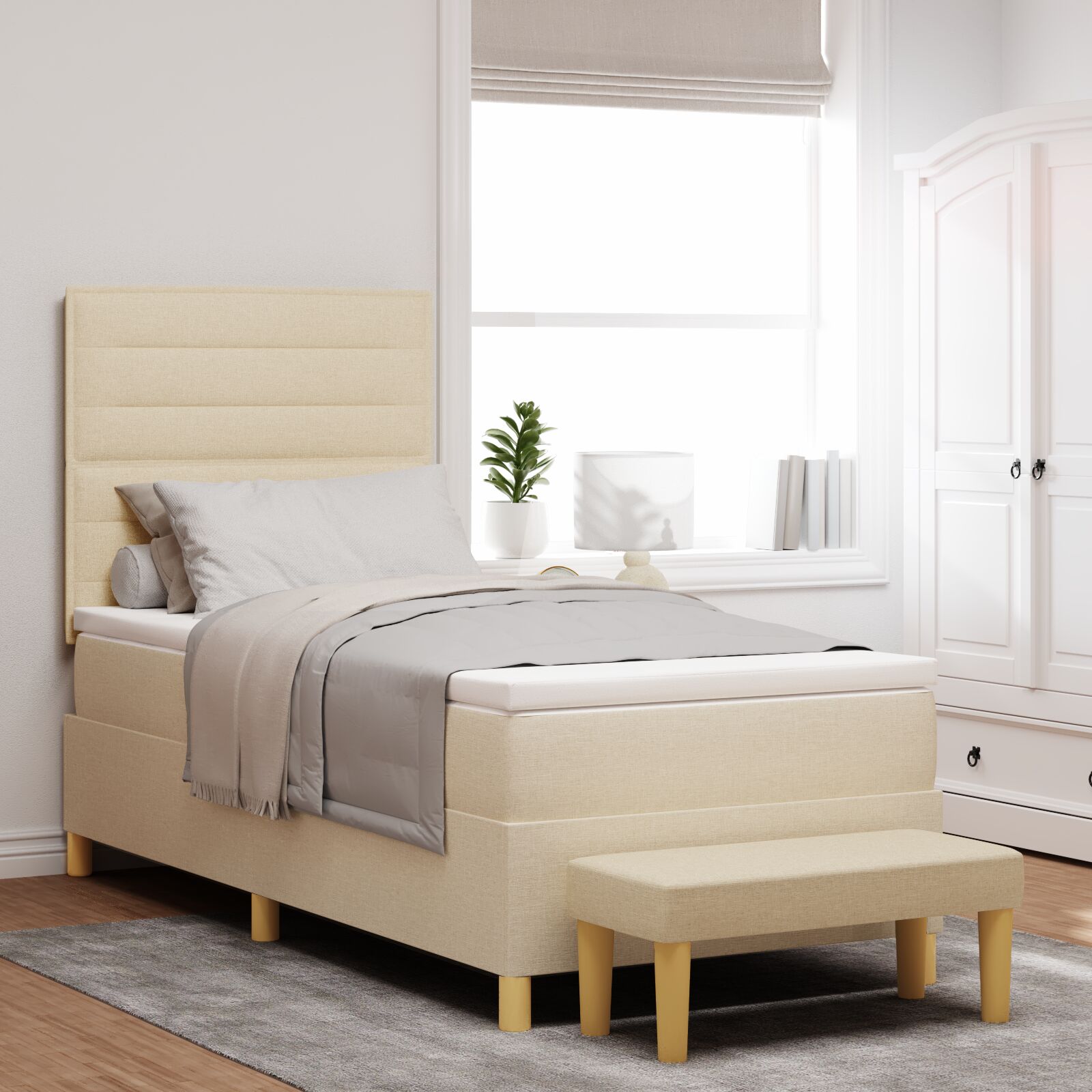vidaXL Boxspringbett mit Matratze und Sitzbank Creme 100x200 cm Stoff