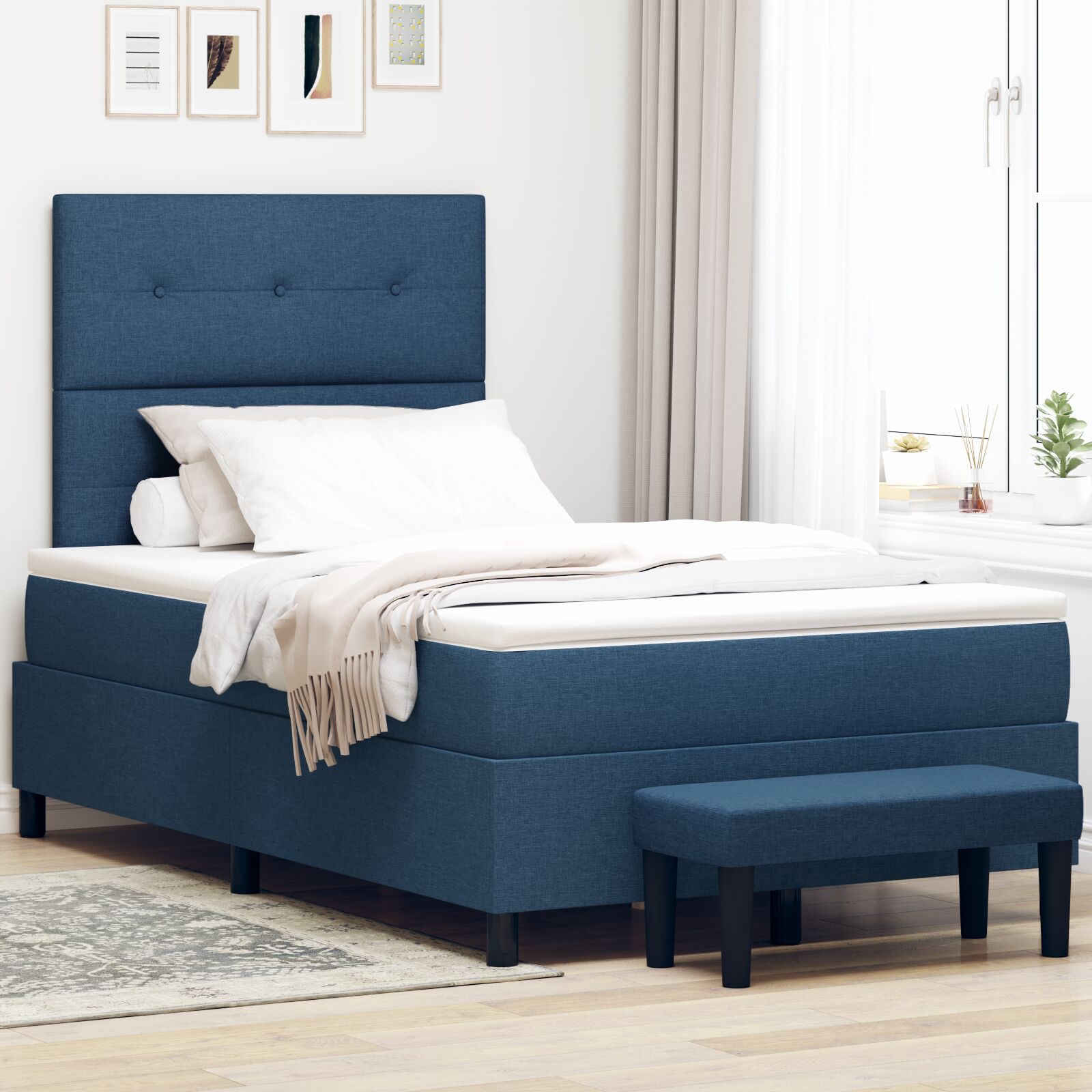 Box Spring Seng med Madras & Bænk Blå 120x200 cm Stof