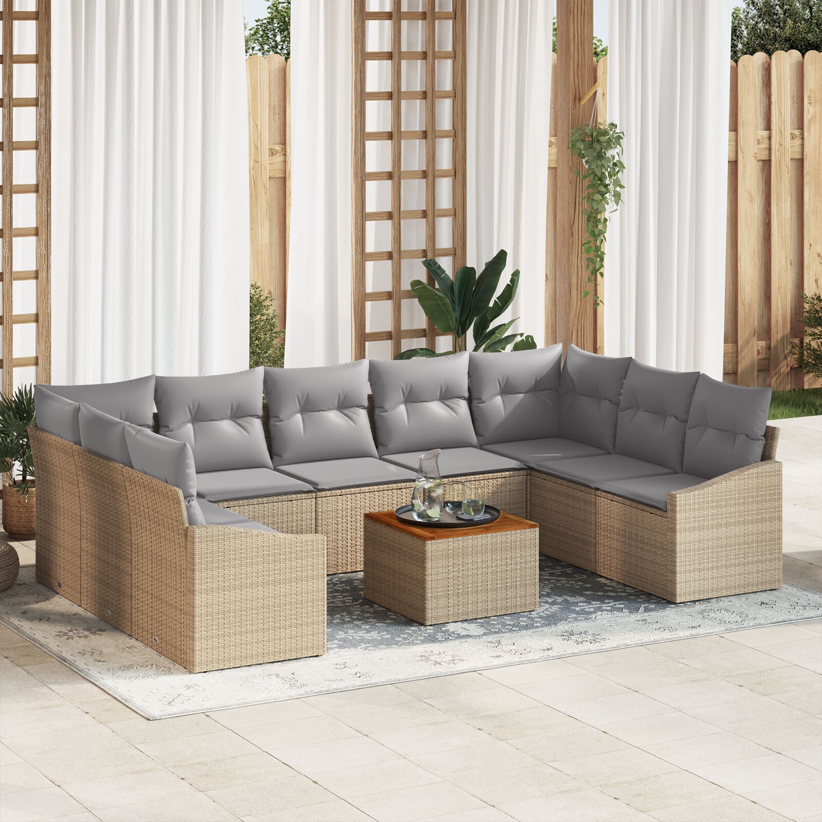 vidaXL 10-delige Tuin Sofa Set met Kussens Beige Poly Rattan Acacia