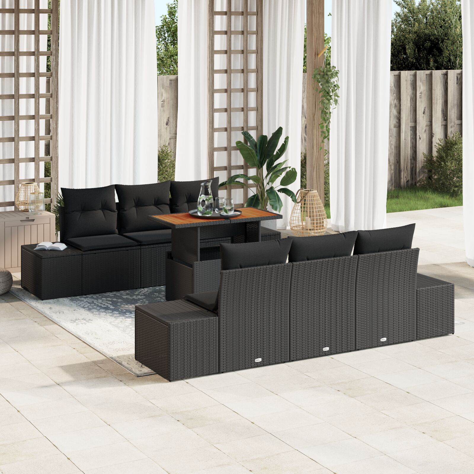 vidaXL Garten-Sofa-Set 7-teilig Schwarz Rattan Gartentisch Rechteckig