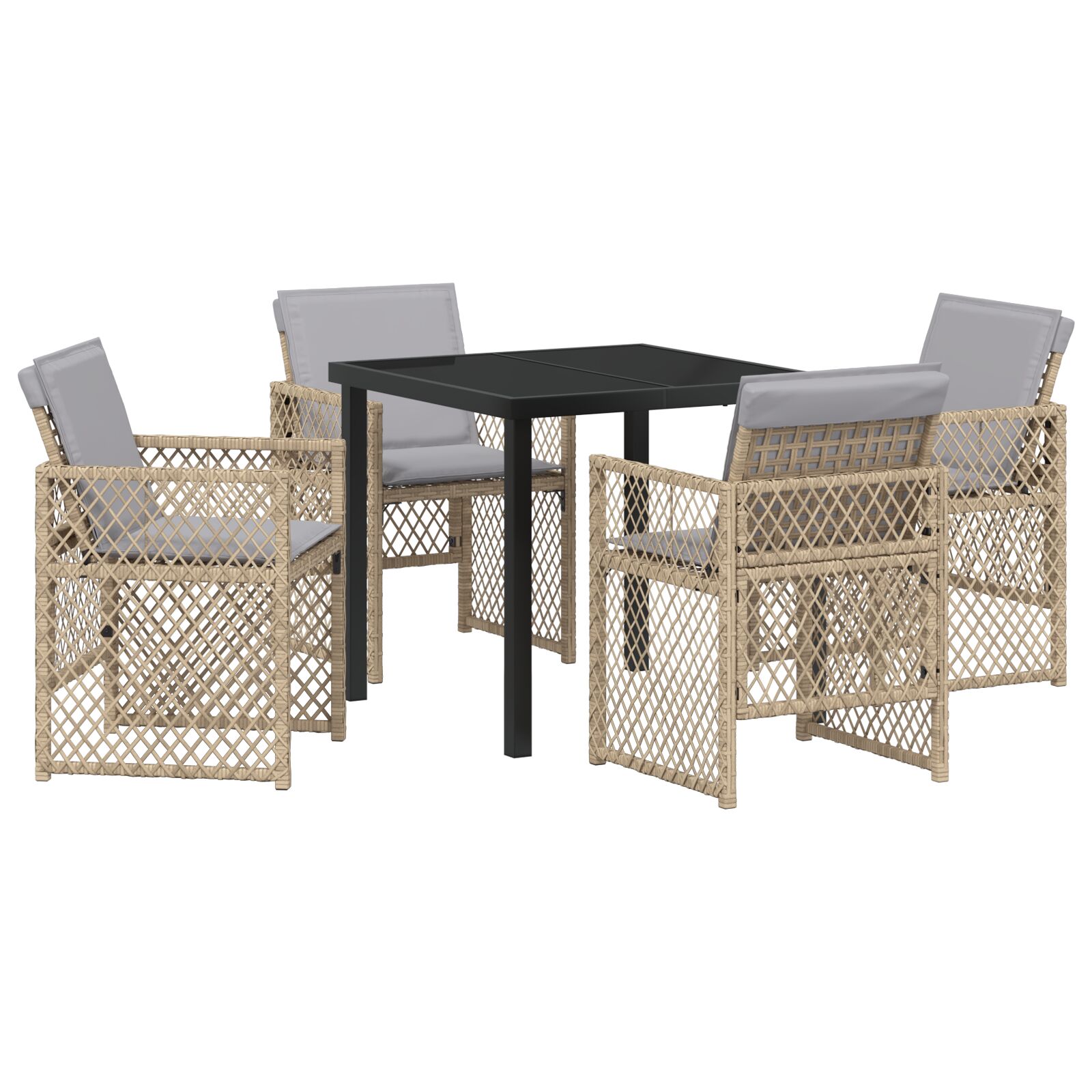 5 Stykker Havemøbel Sæt med Puder Beige Poly Rattan, vidaXL Havetabel Sort 80x80x73 cm Tempereret Glas