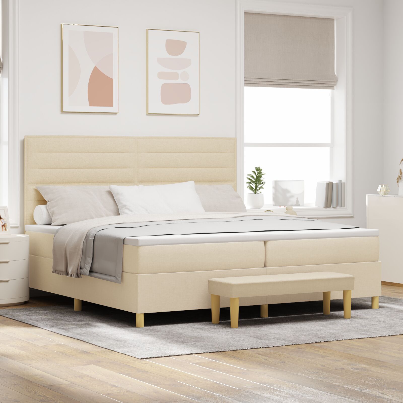 Boxspringbett mit Matratze & Bank Creme 200x200 cm Stoff