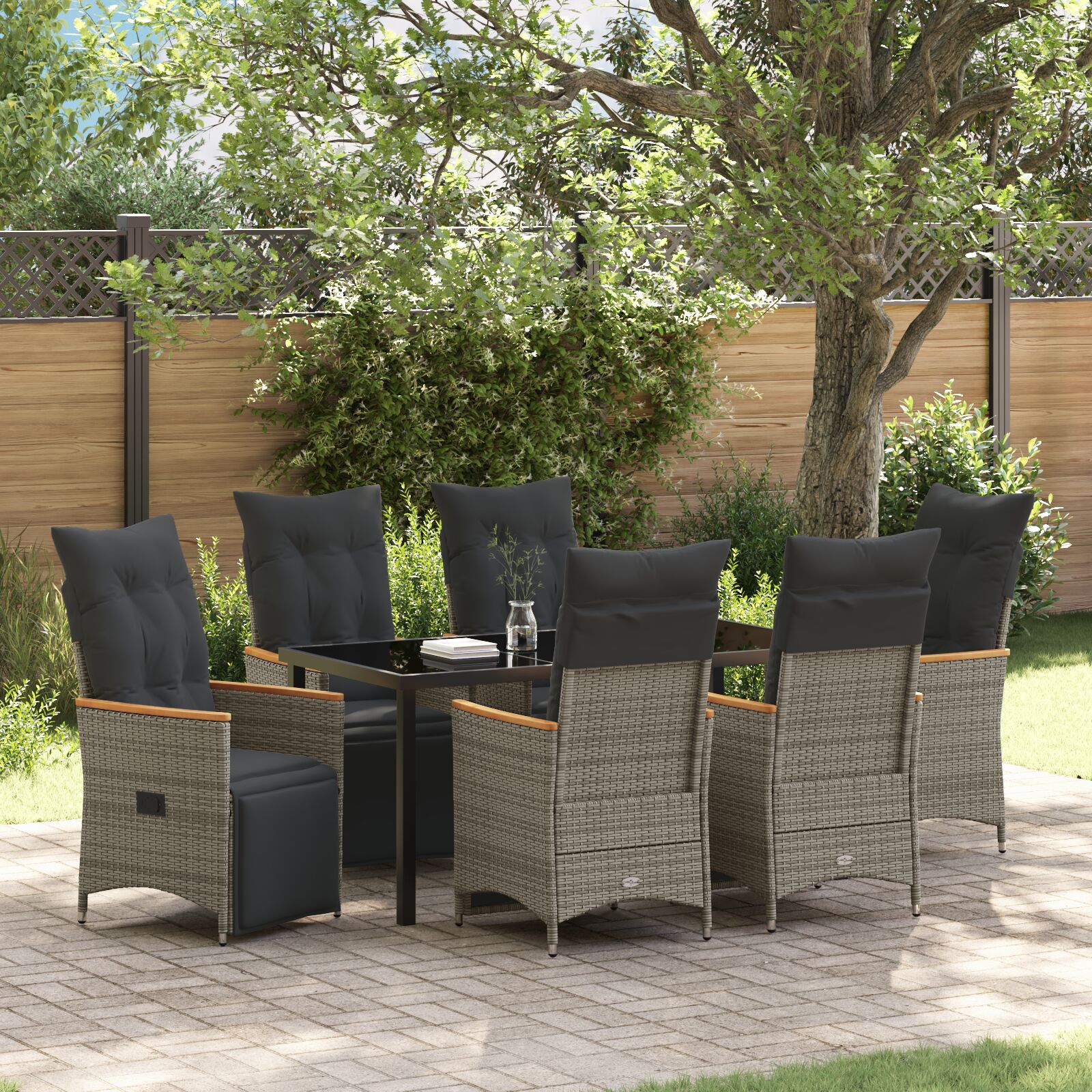 Conjunto de Jantar de Jardim  de 7 Peças com Almofadas Cinza Vime PE