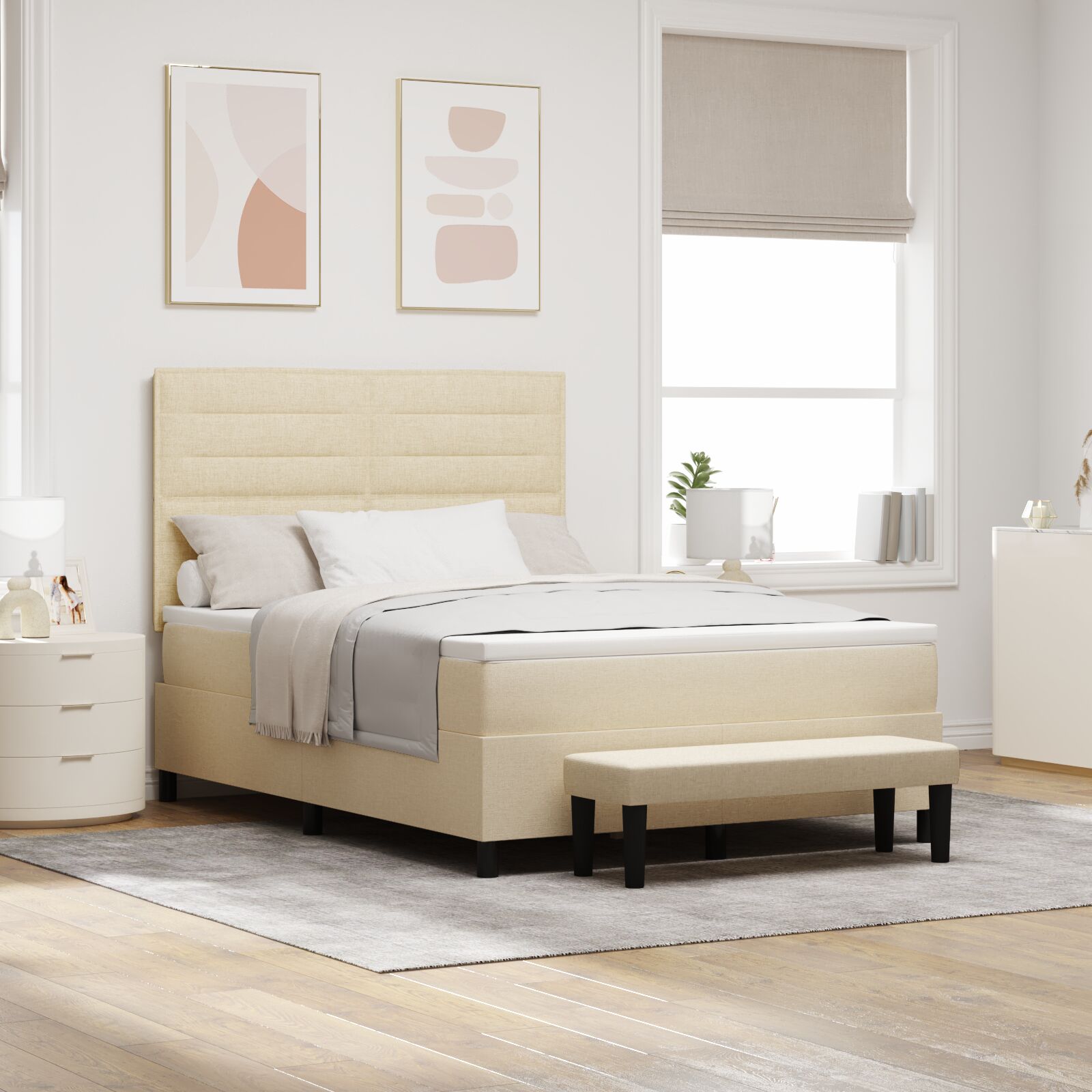 Boxspring Seng med Madras & Bænk Creme 140x190 cm Stof