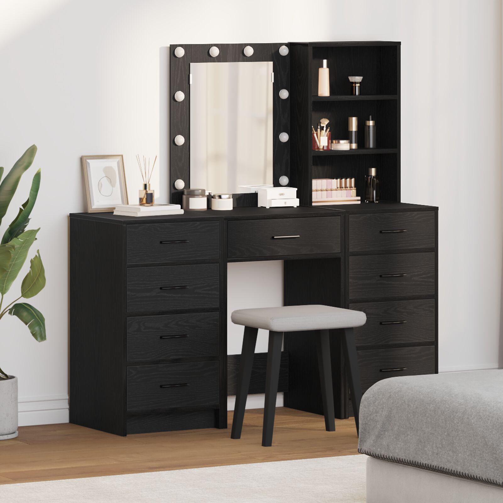 vidaXL Set aus 3 Schwarz-Eiche Holz Spiegel Highboard Rechteckig