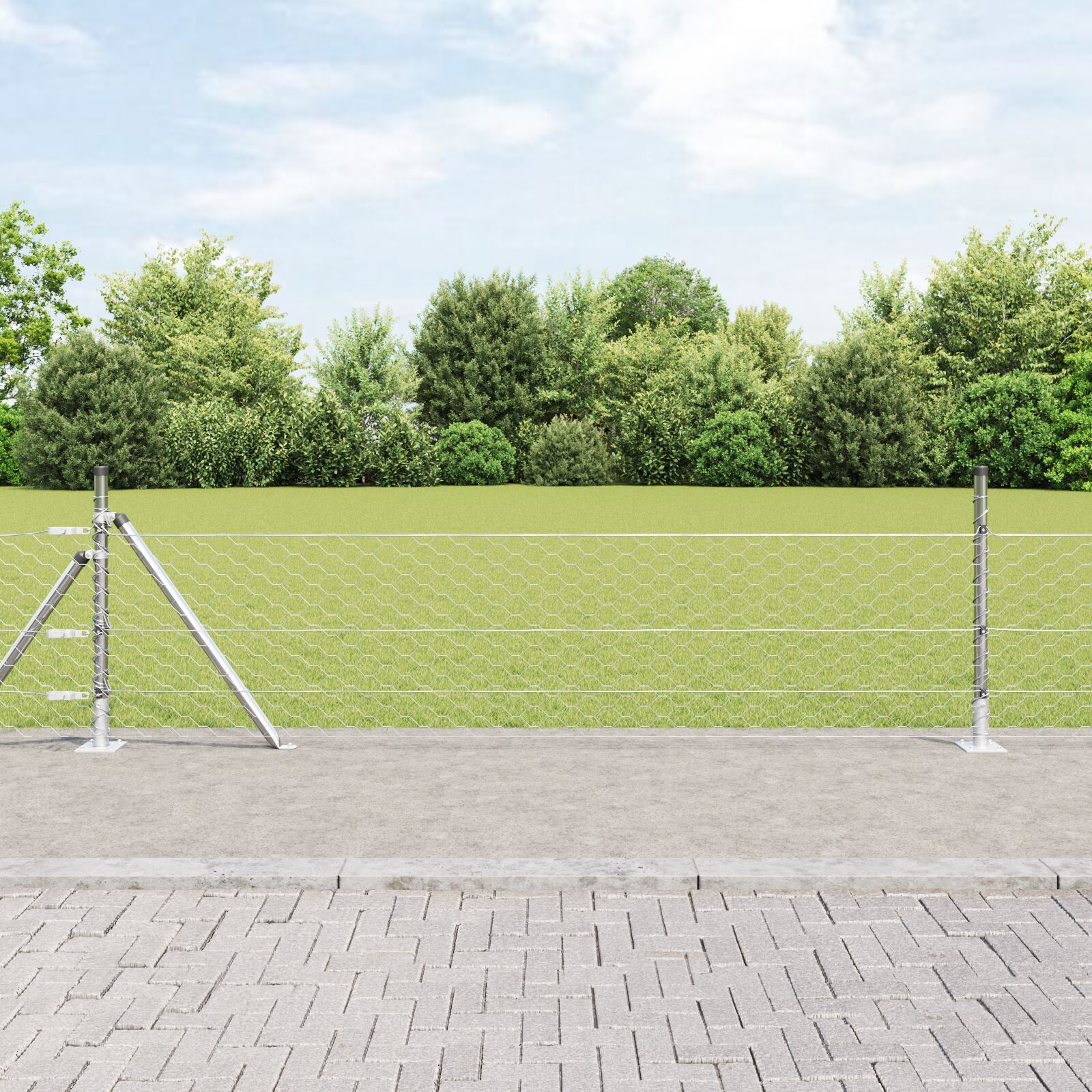 Hexagon Hegn 0,5x10 m Galvaniseret Stål, vidaXL Hegnsposter med Baseplader 7 stk Ø32mm 70cm Galvaniseret Stål