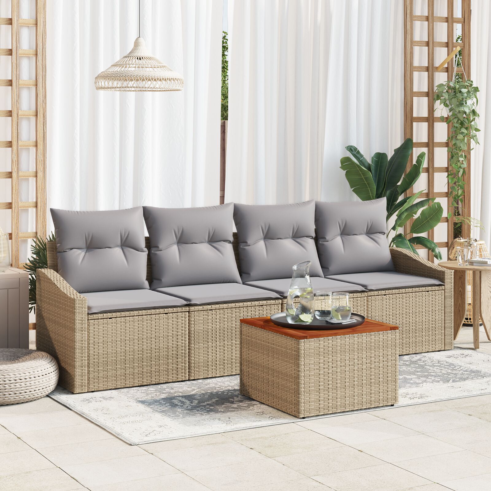 vidaXL set od 5 vrtnih sofa s jastucima bež Poli ratan akacija