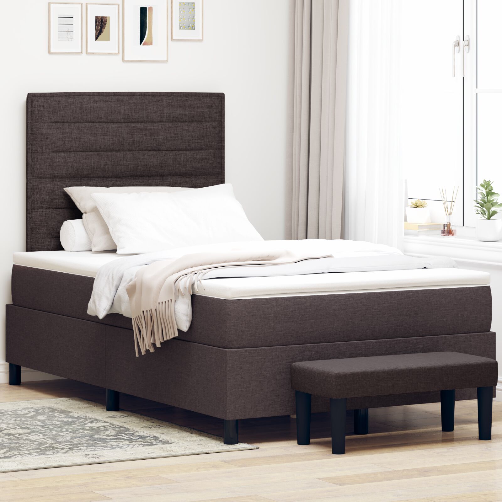 Box Spring Seng med Madras & Bænk Mørkebrun 120x200 cm Stof