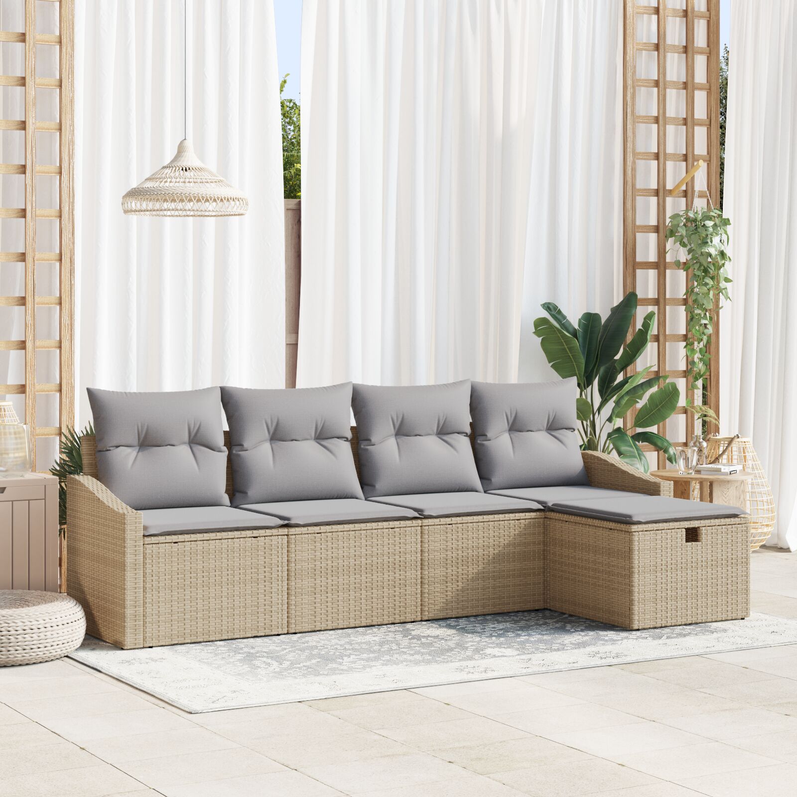 vidaXL 5-delig Tuinbankstel met Kussens Beige Poly Rattan