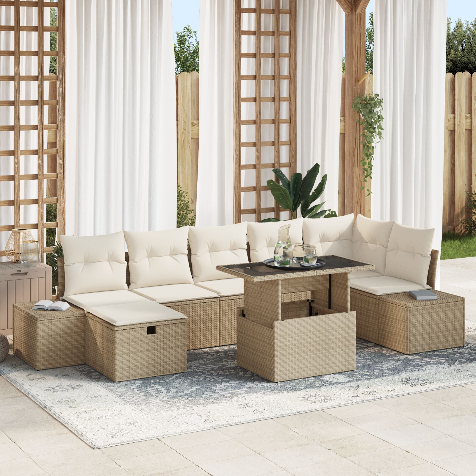 vidaXL set od 8 komada vrtnih sofa s jastučićima bež poli ratan