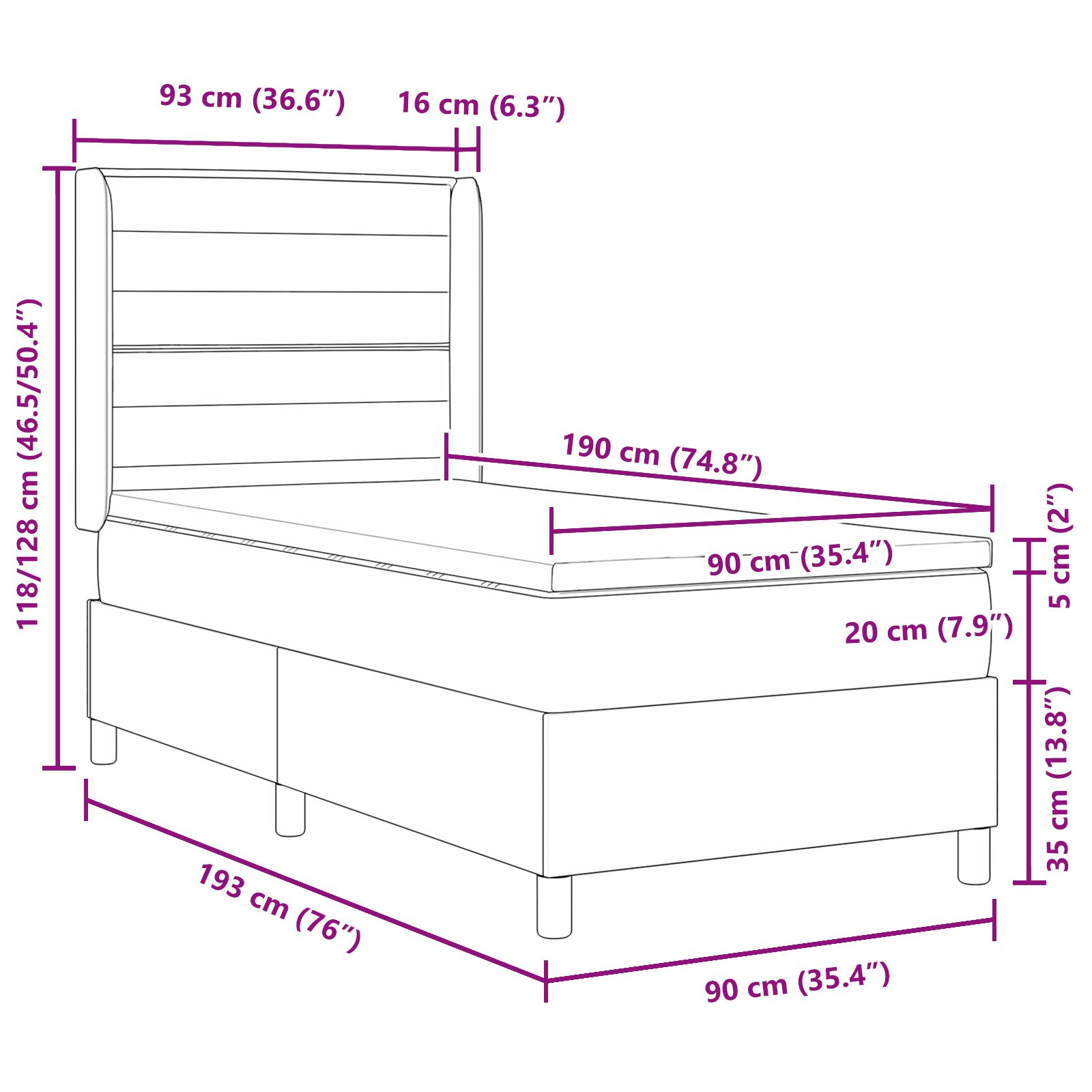 Boxspring Ágy Matrac Fekete 90x190 cm Szövet 