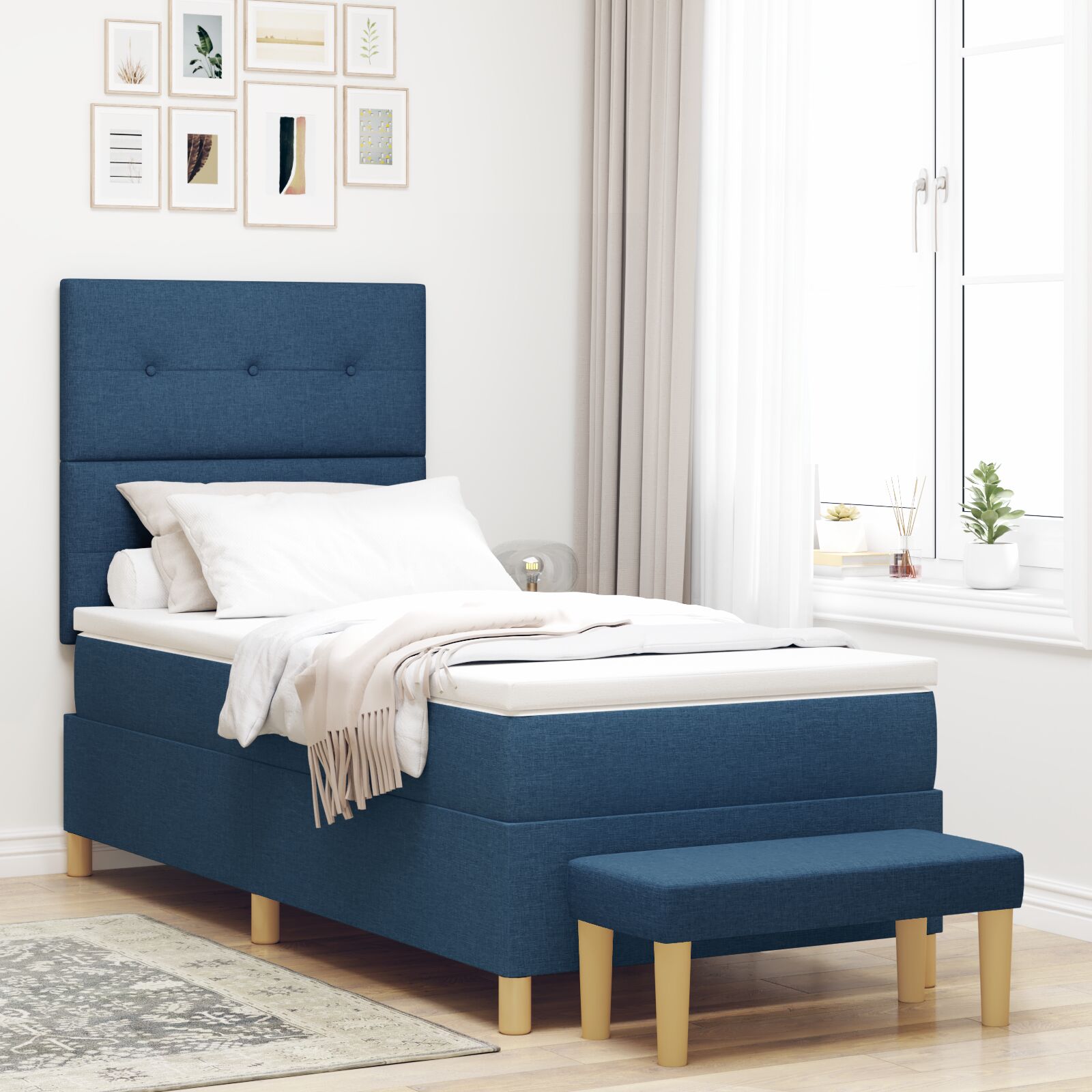Boxspringbett mit Matratze und Bank Blau 100x200 cm Stoff