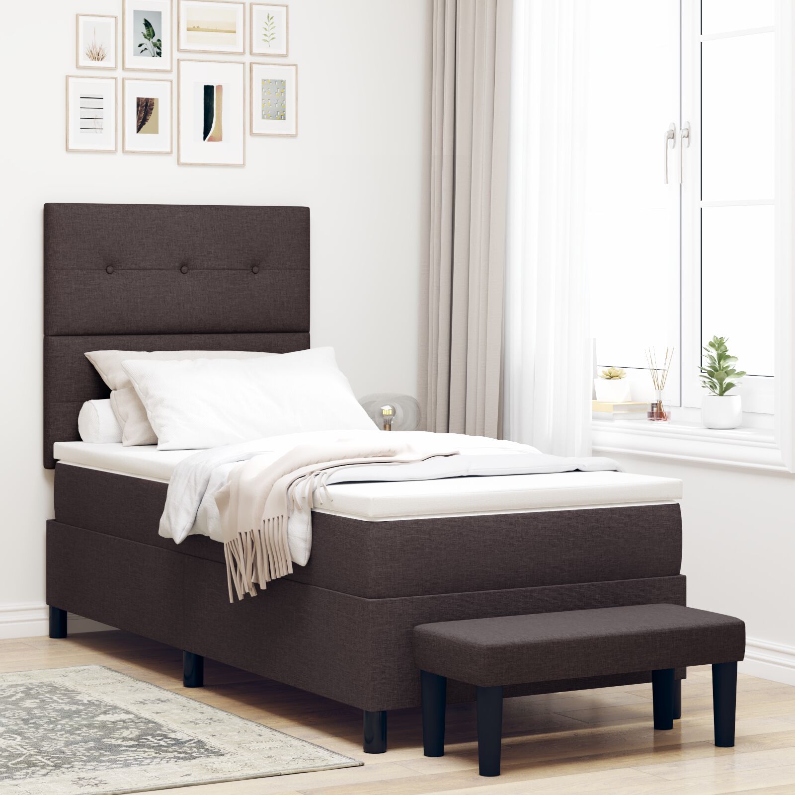 Box Spring Seng med Madras & Bænk Mørkebrun 90x190 cm Stof