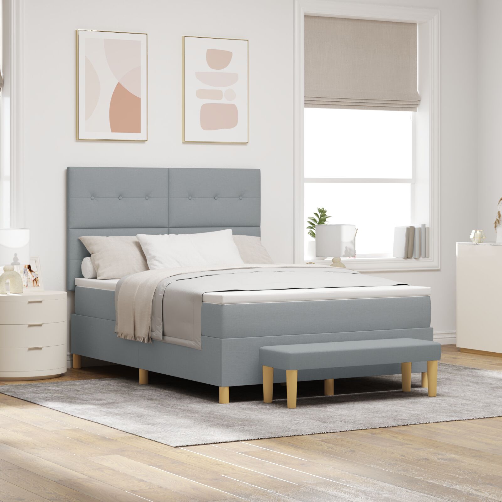 Boxspringbett mit Matratze und Bank Hellgrau 140x190 cm Stoff