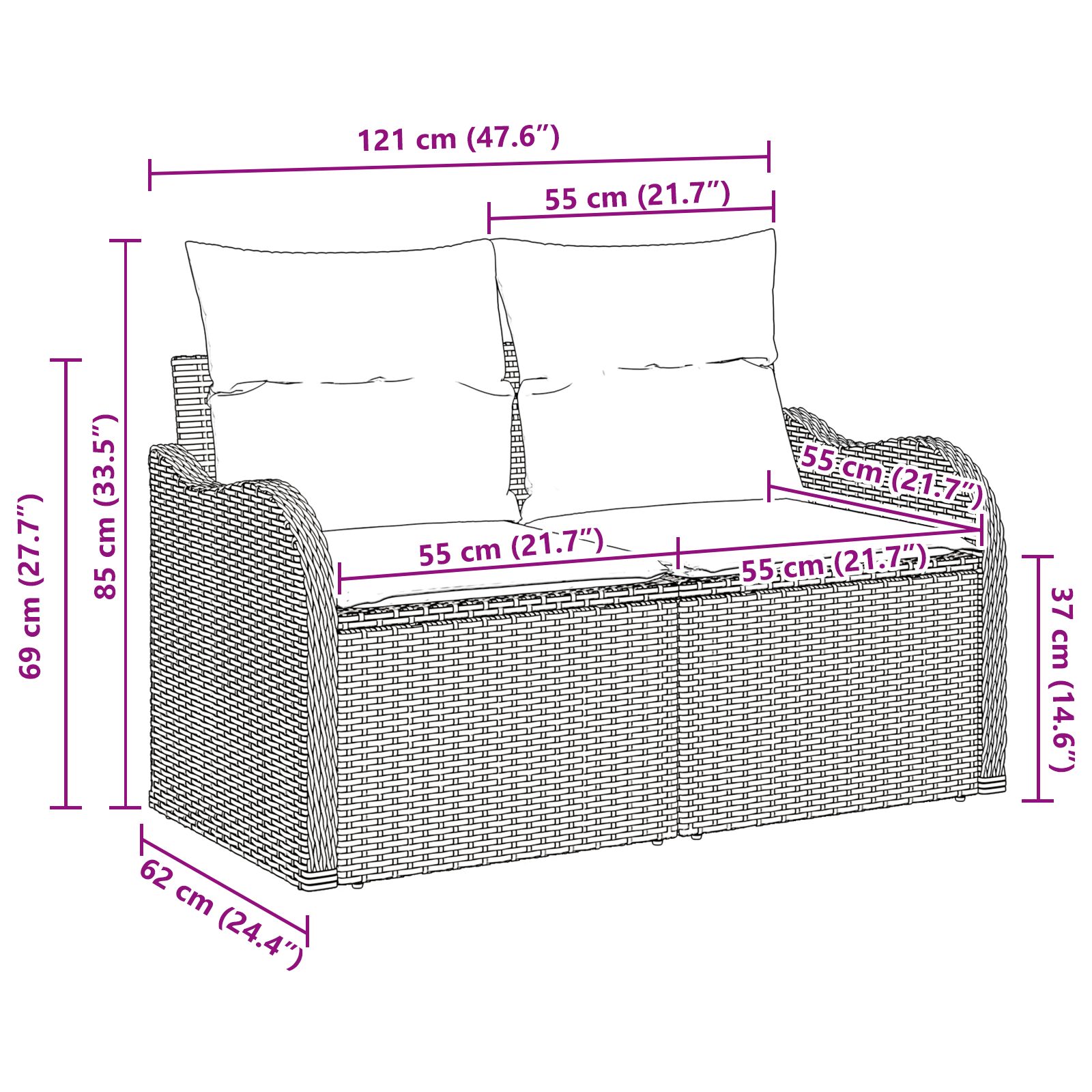vidaXL 2-zits Tuinbank met Kussens Beige Poly Rattan - Afbeelding 7