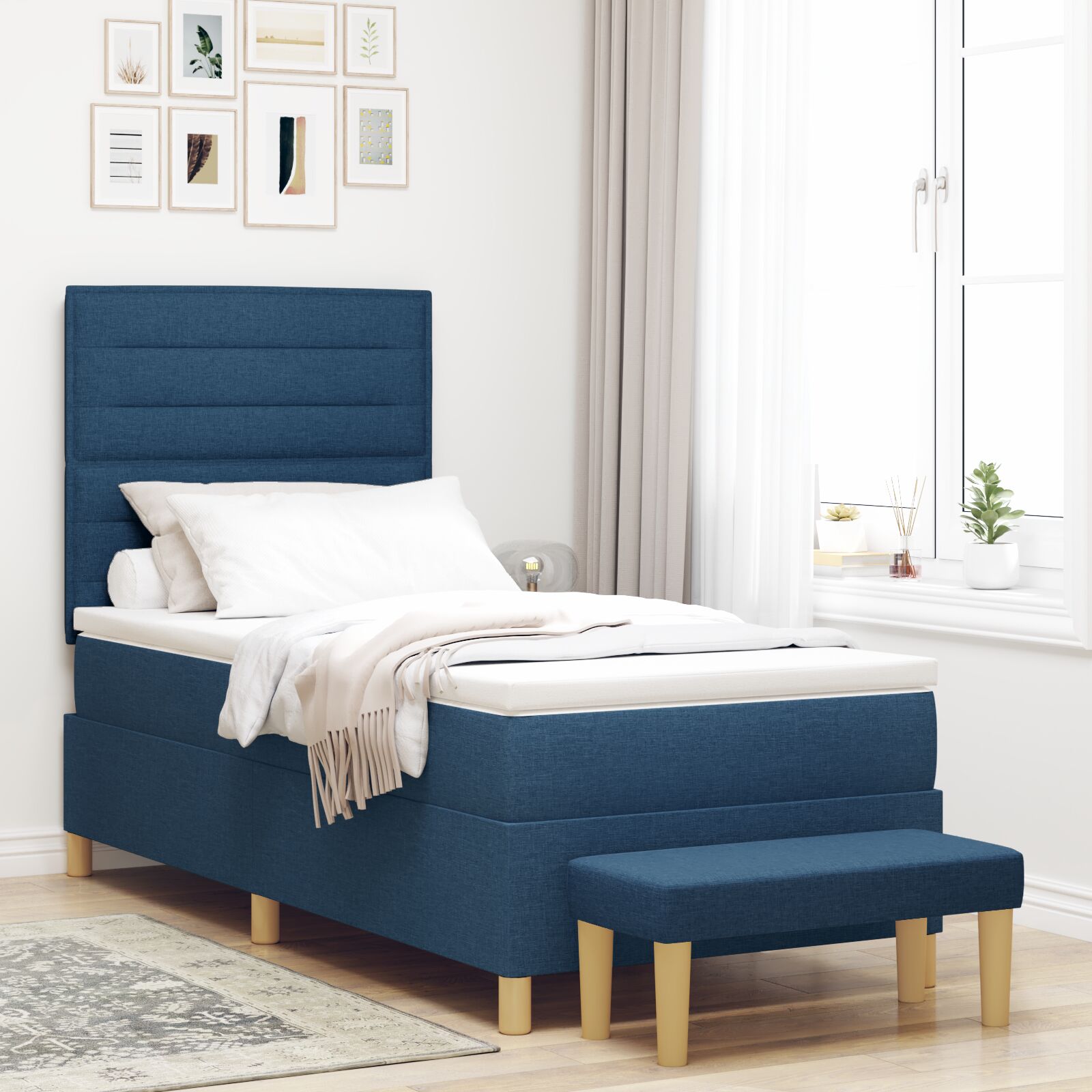 Boxspringbett mit Matratze & Bank Blau 100 x 200 cm Stoff