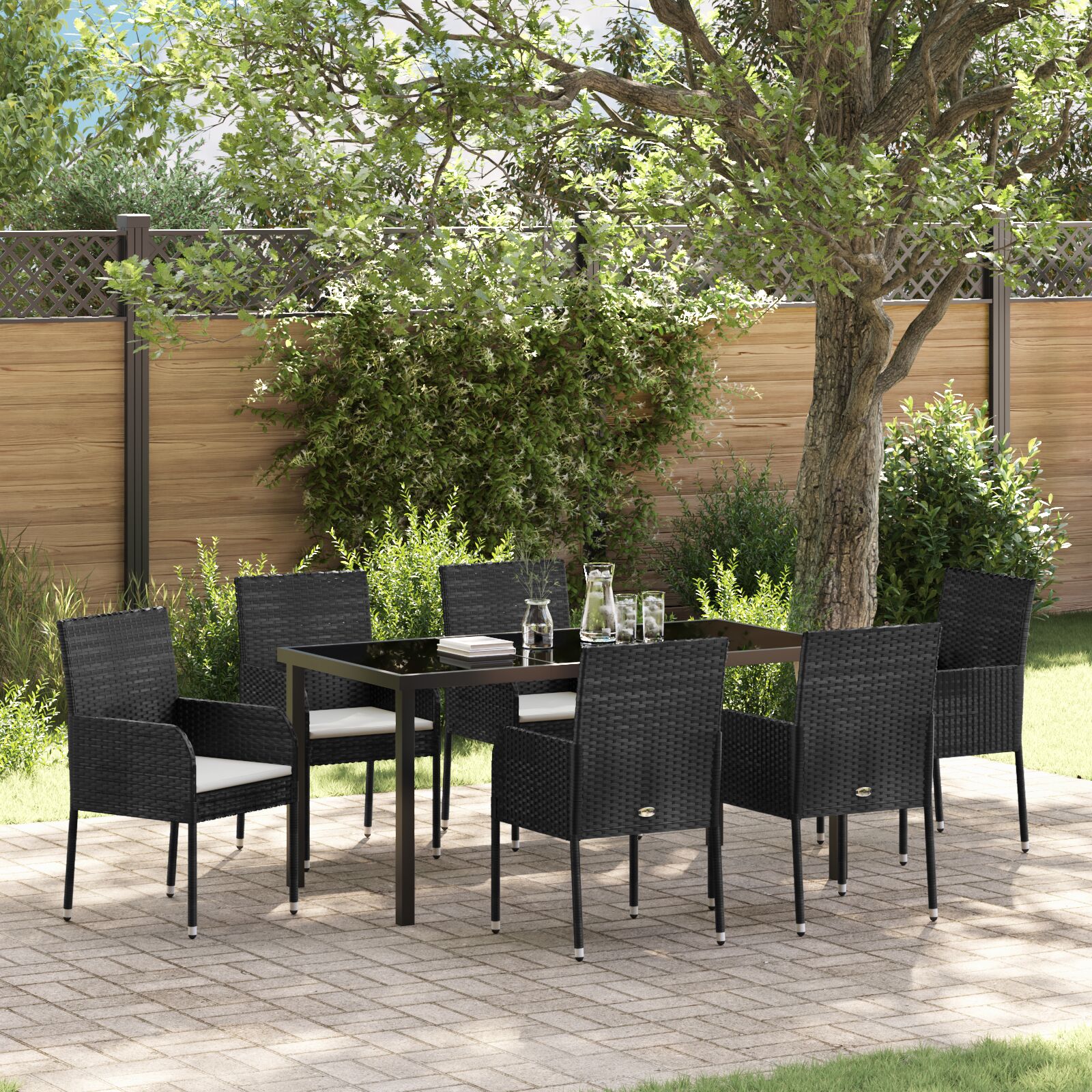 Conjunto de Jantar de Jardim de 7 Peças com Almofadas Preto Rattan PE