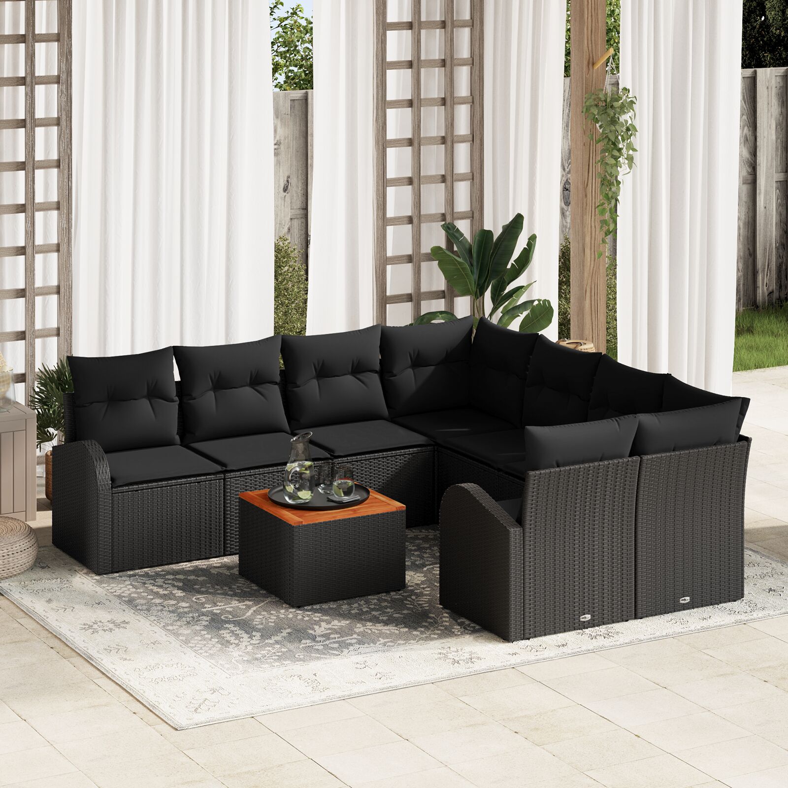 vidaXL 9-dijelni Vrtni Sofa Set s Jastučićima Crni Poli Ratan Akacija