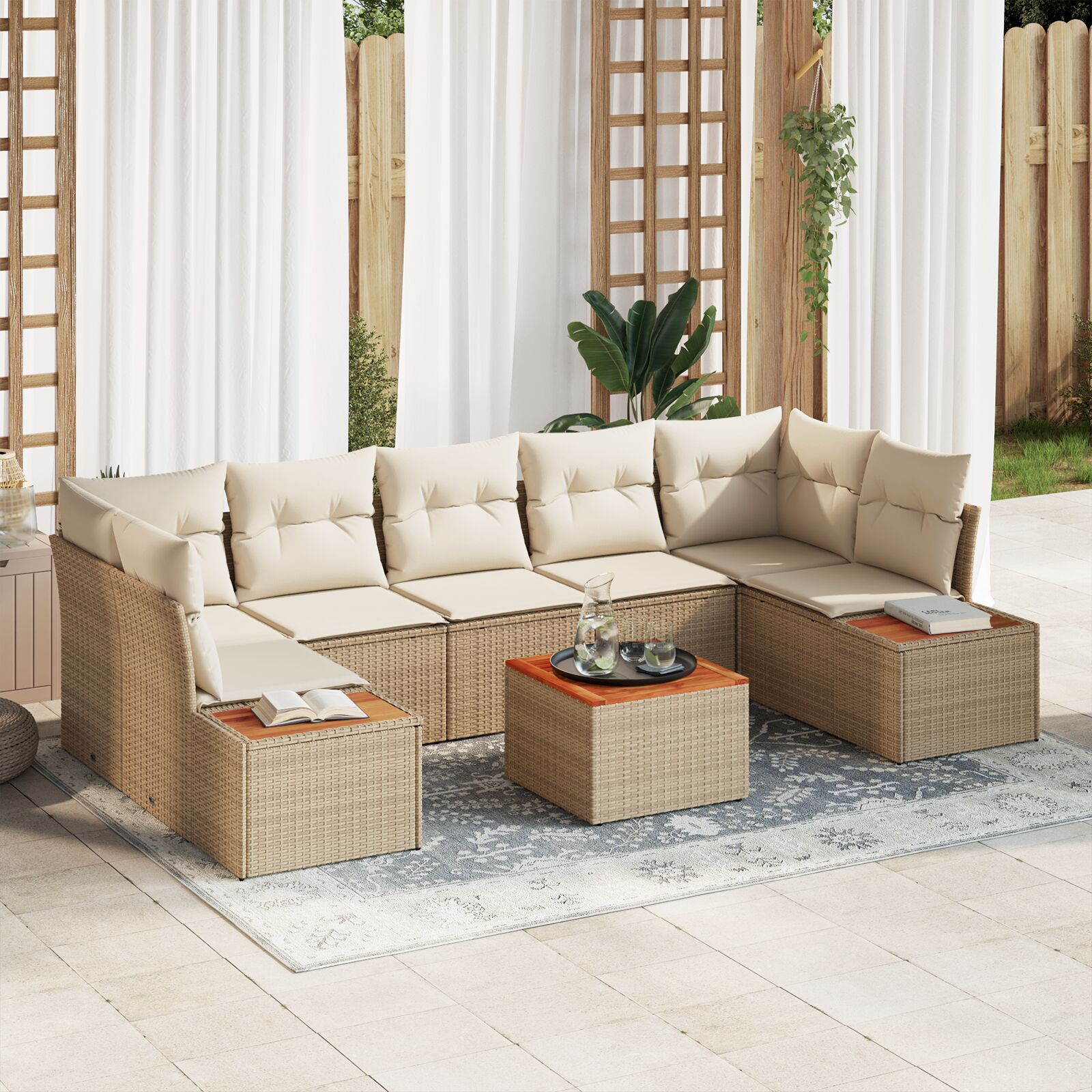 vidaXL Set od 8 vrtnih sofa s jastučićima bež poli ratan akacija