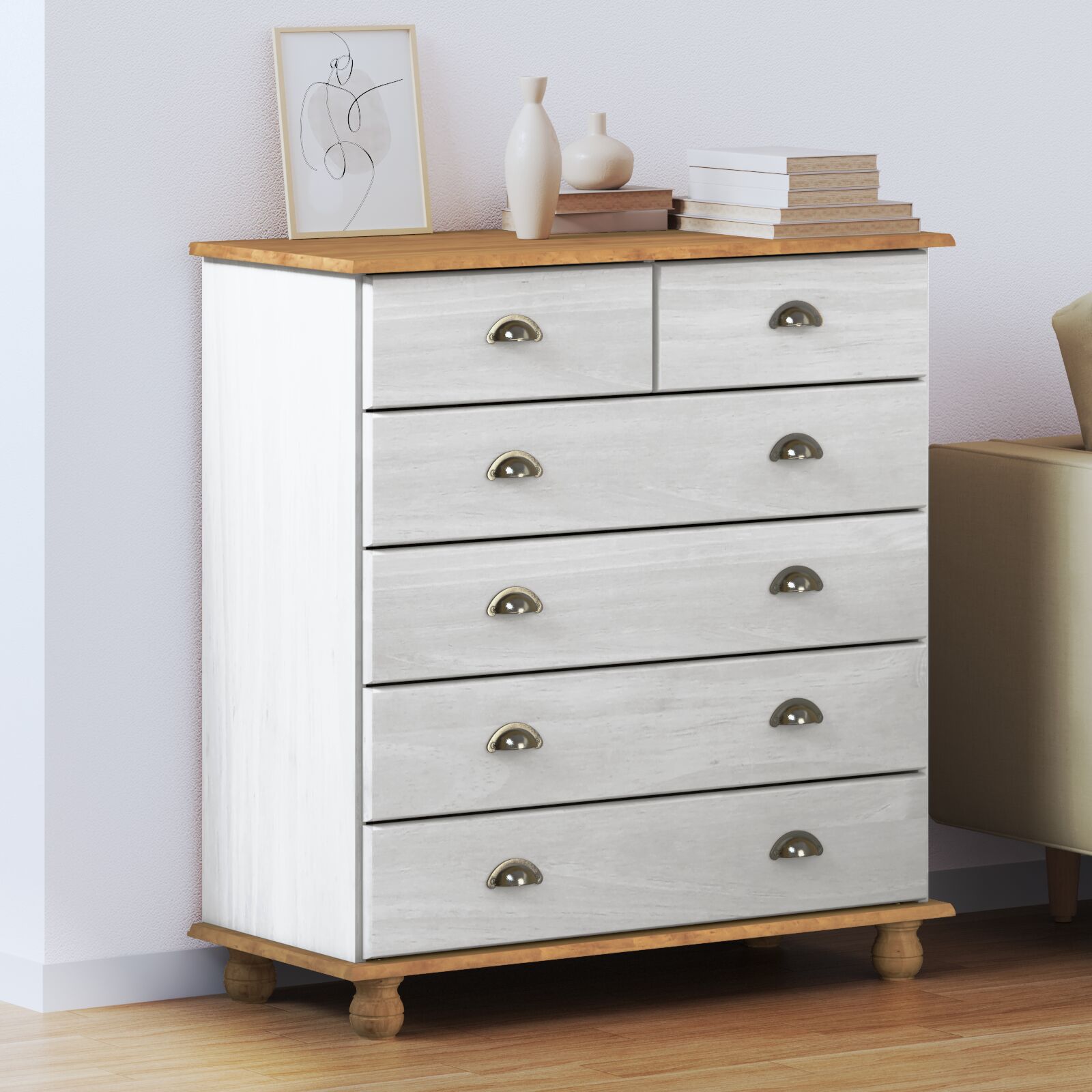 vidaXL Kommode Weiß und Holz Massivholz und MDF Mittel Kommode