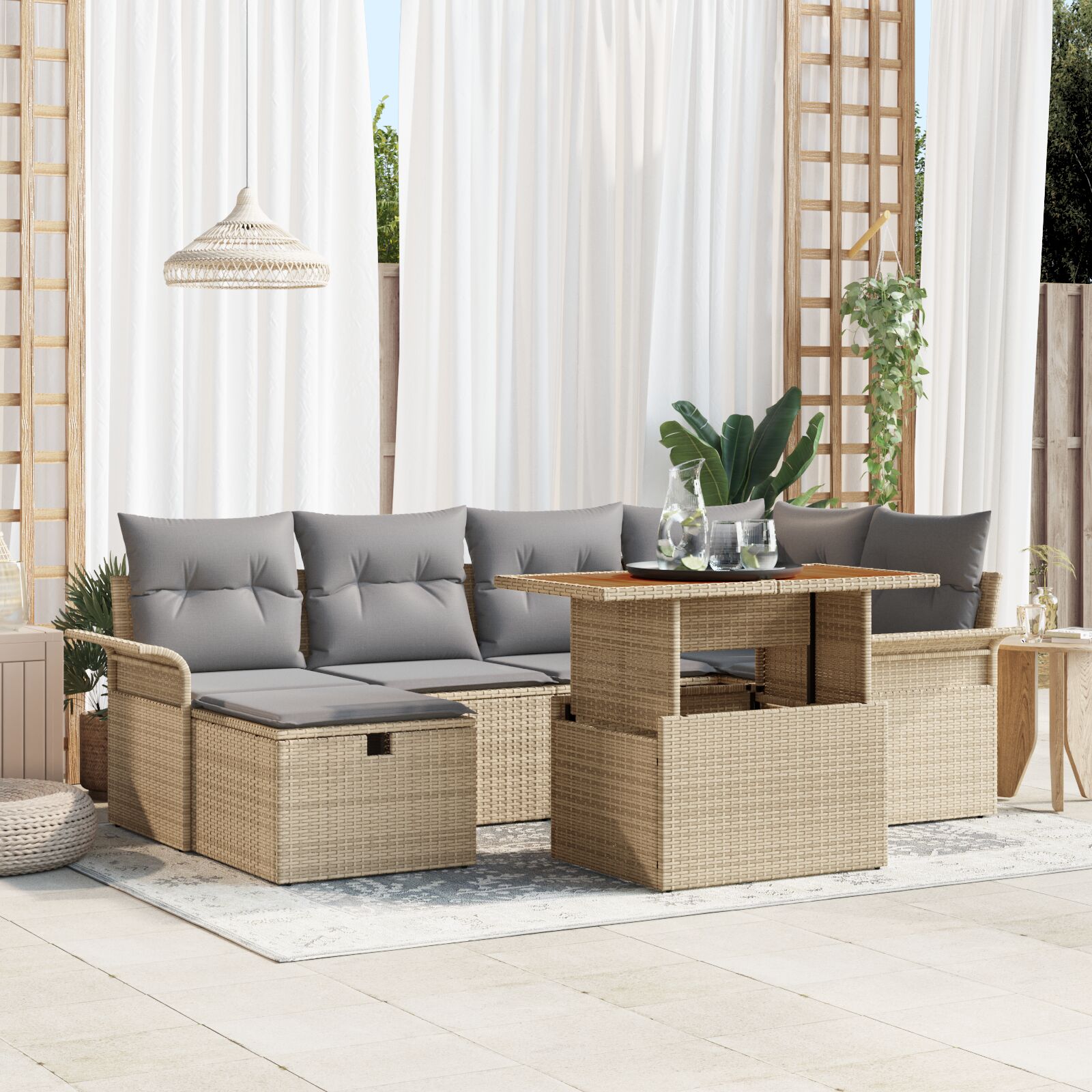 7-osaline Aed Diivanikomplekt padjaga Beež Polü Rattan