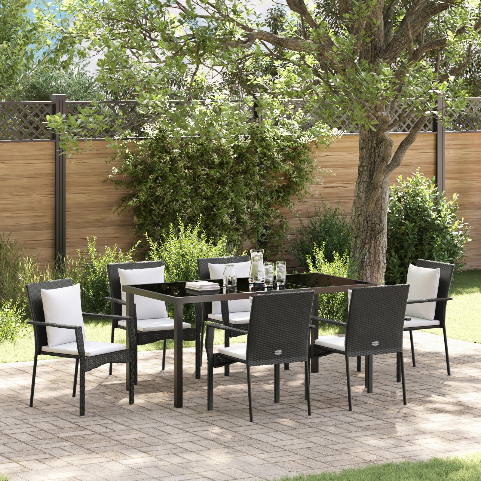 vidaXL 7-teilige Garten Esszimmer Set mit Kissen Schwarz Poly Rattan