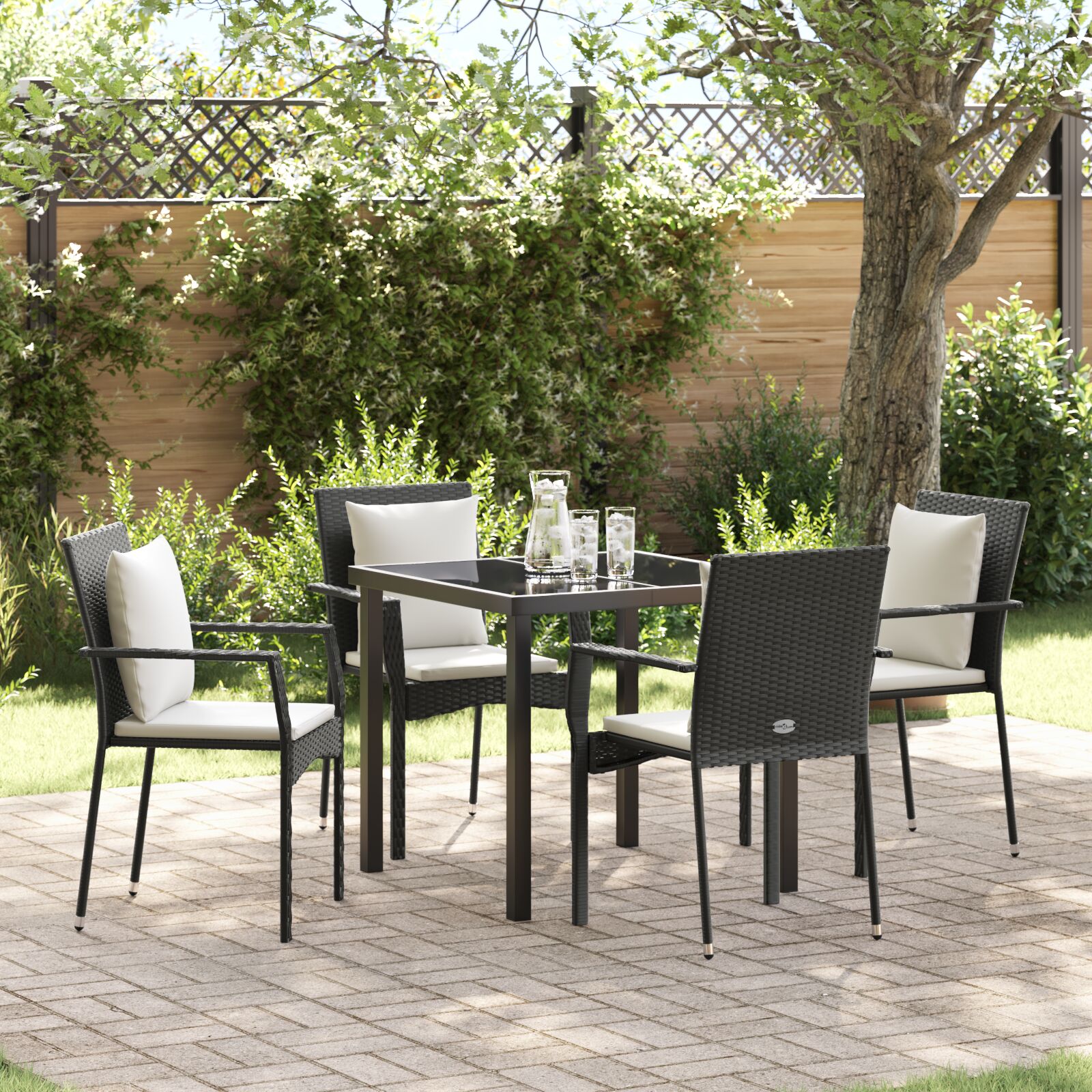 vidaXL 5-teiliges Garten-Dining-Set mit Kissen - Schwarzes Poly-Rattan