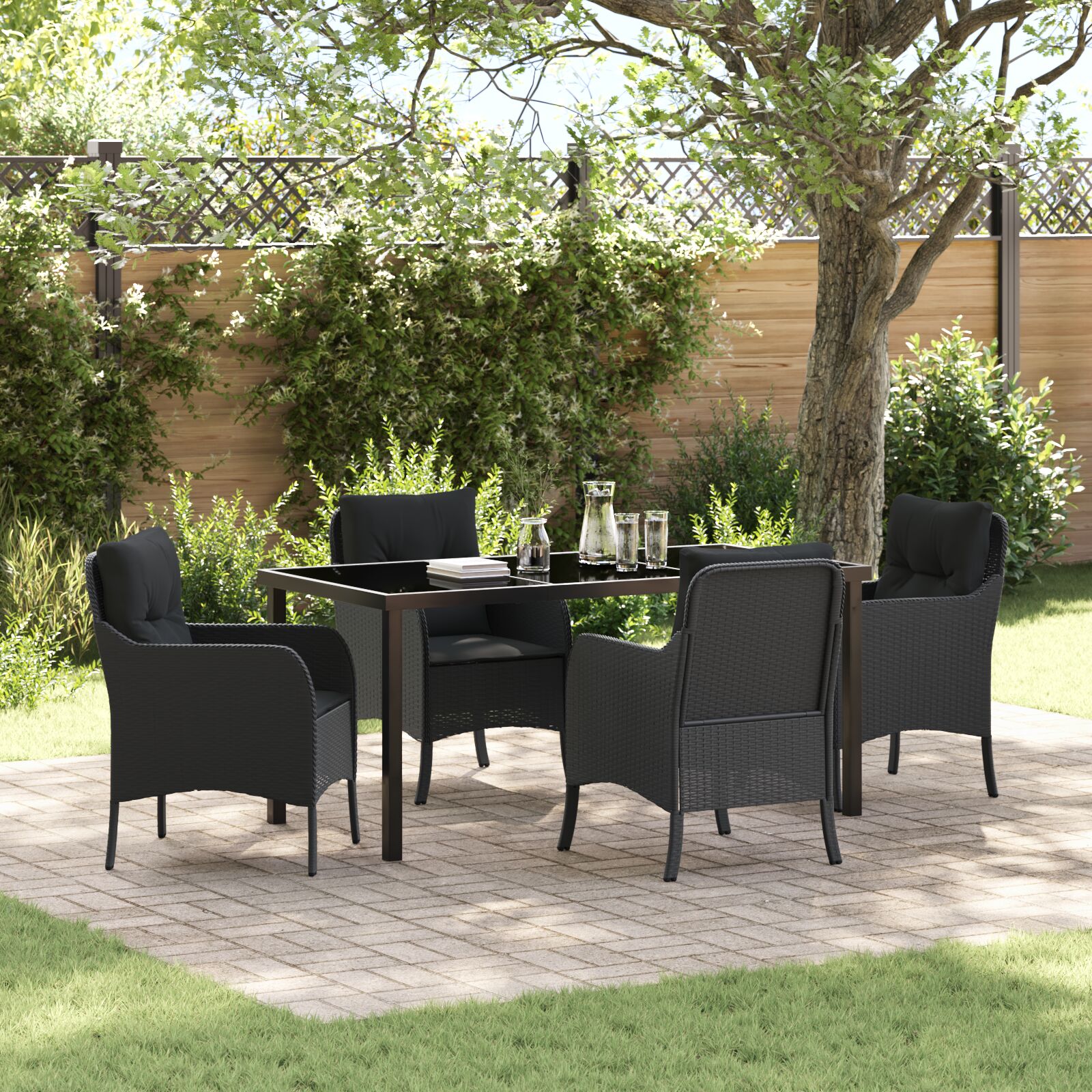 Conjunto Jantar Jardim  5 Peças com Almofadas Preto Vime Poliéster