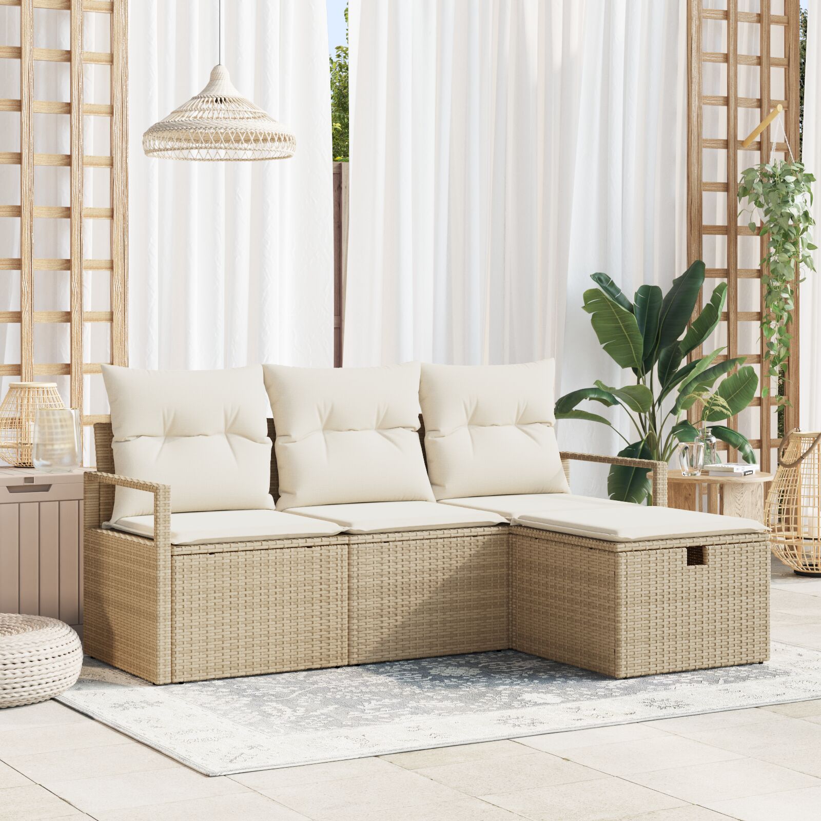 vidaXL 4-tlg. Garten Sofa Set mit Kissen Beiges Poly Rattan, 2-Sitzer Garten Sofa mit Kissen Beiges Poly Rattan
