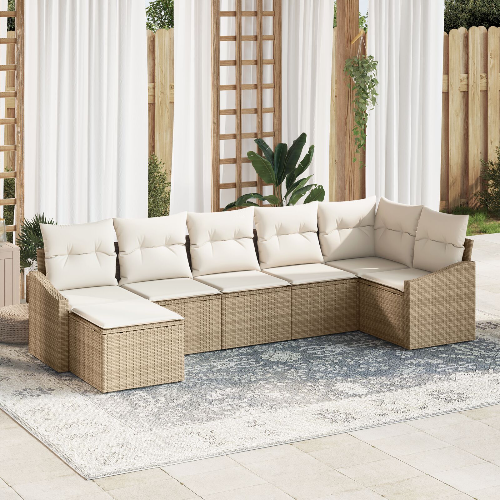 Conjunto de Jantar de Jardim  de 7 Peças com Almofadas Bege Rattan Poliéster