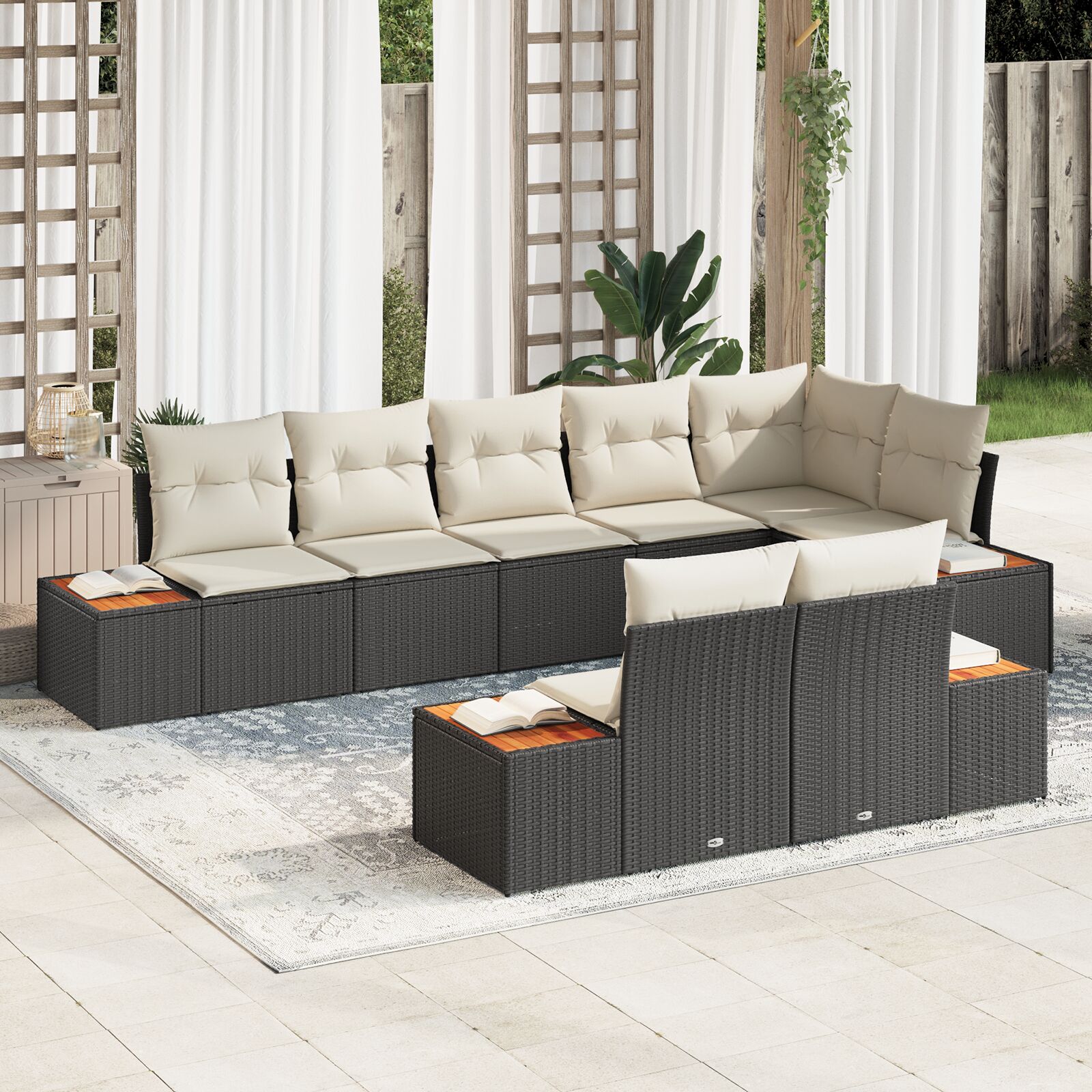 vidaXL 8-delige tuinsofa set met kussens Zwart Poly Rattan Acacia