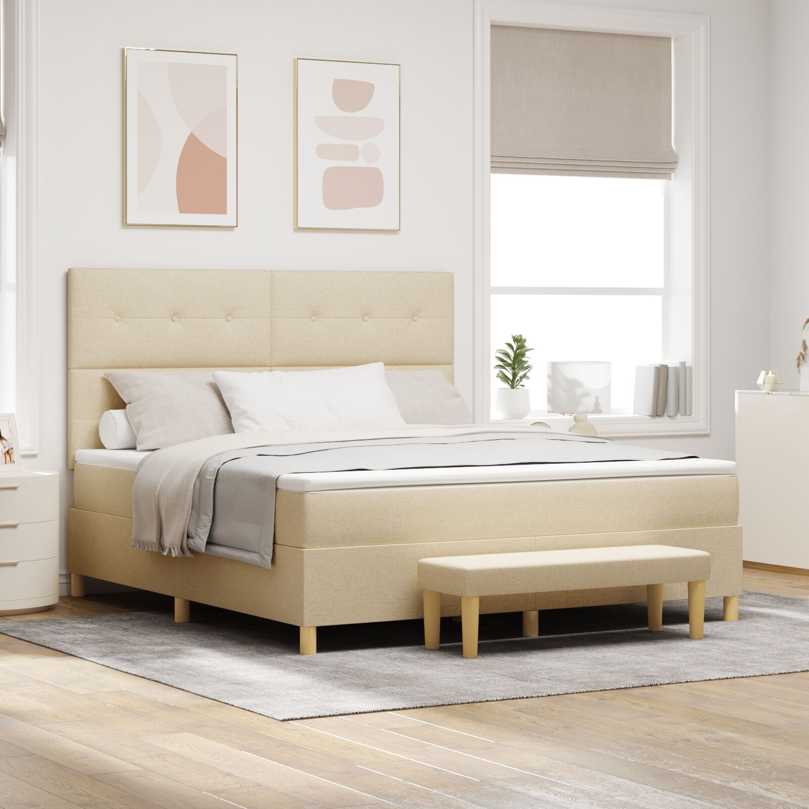 Boxspringbett mit Matratze und Bank Creme 180x200 cm Stoff
