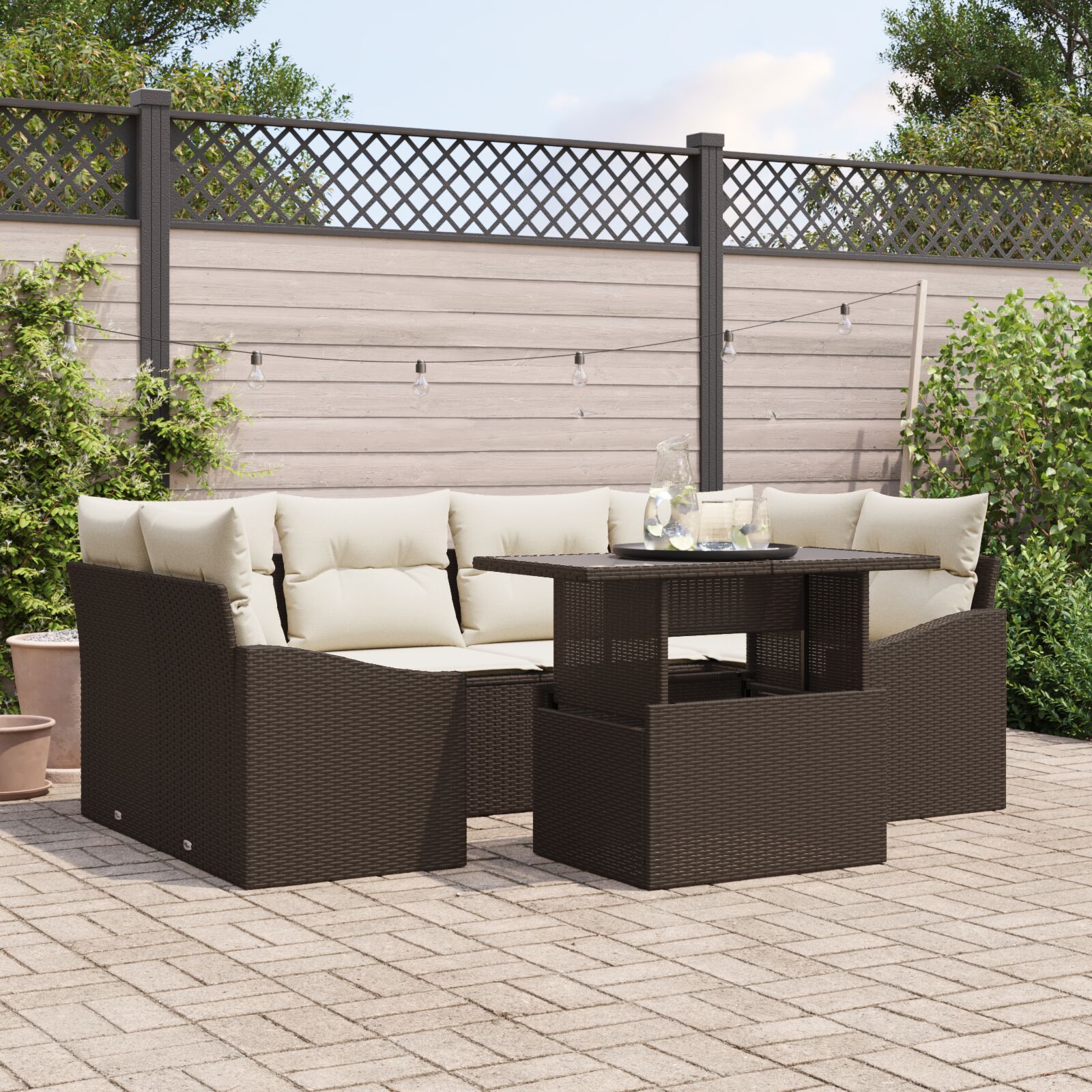 vidaXL Tuin Bankstel Set van 7 Bruin Rattan Tuin Bankstel Rechthoekig