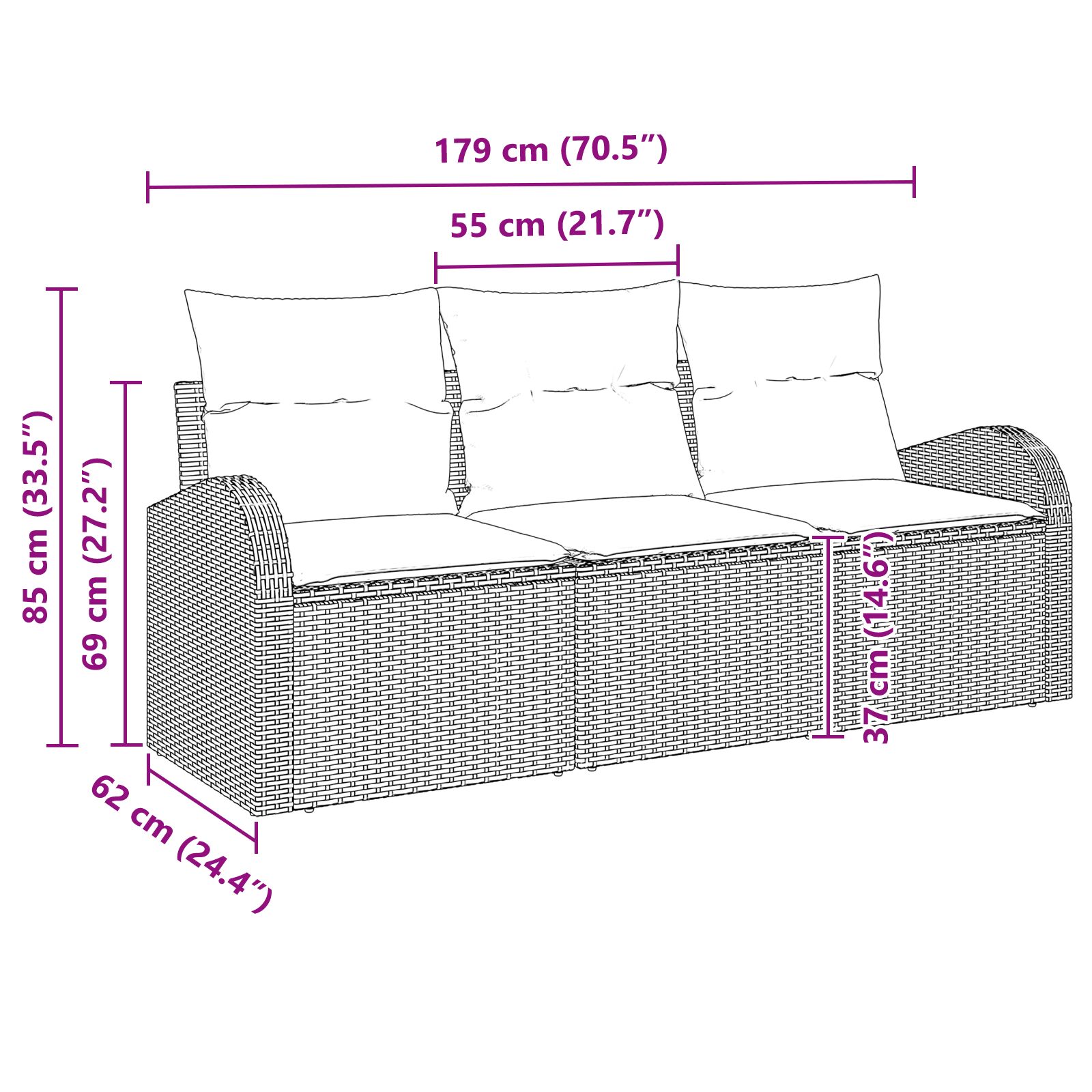 3-osaline aia diivanikomplekt padjadega helehall polü rattan - Image 7