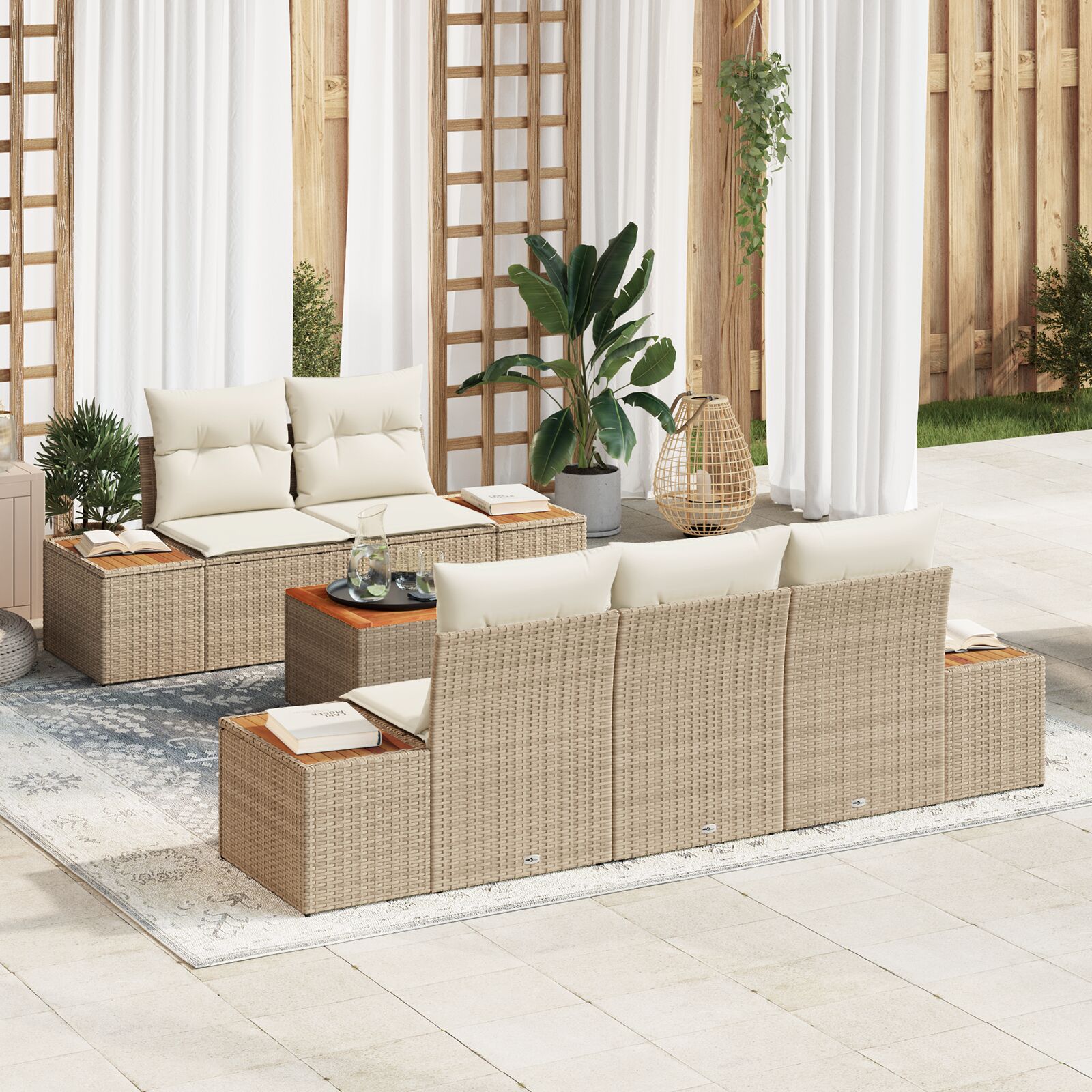 vidaXL set od 6 vrtnih sofa s jastučićima bež poli ratan akacija