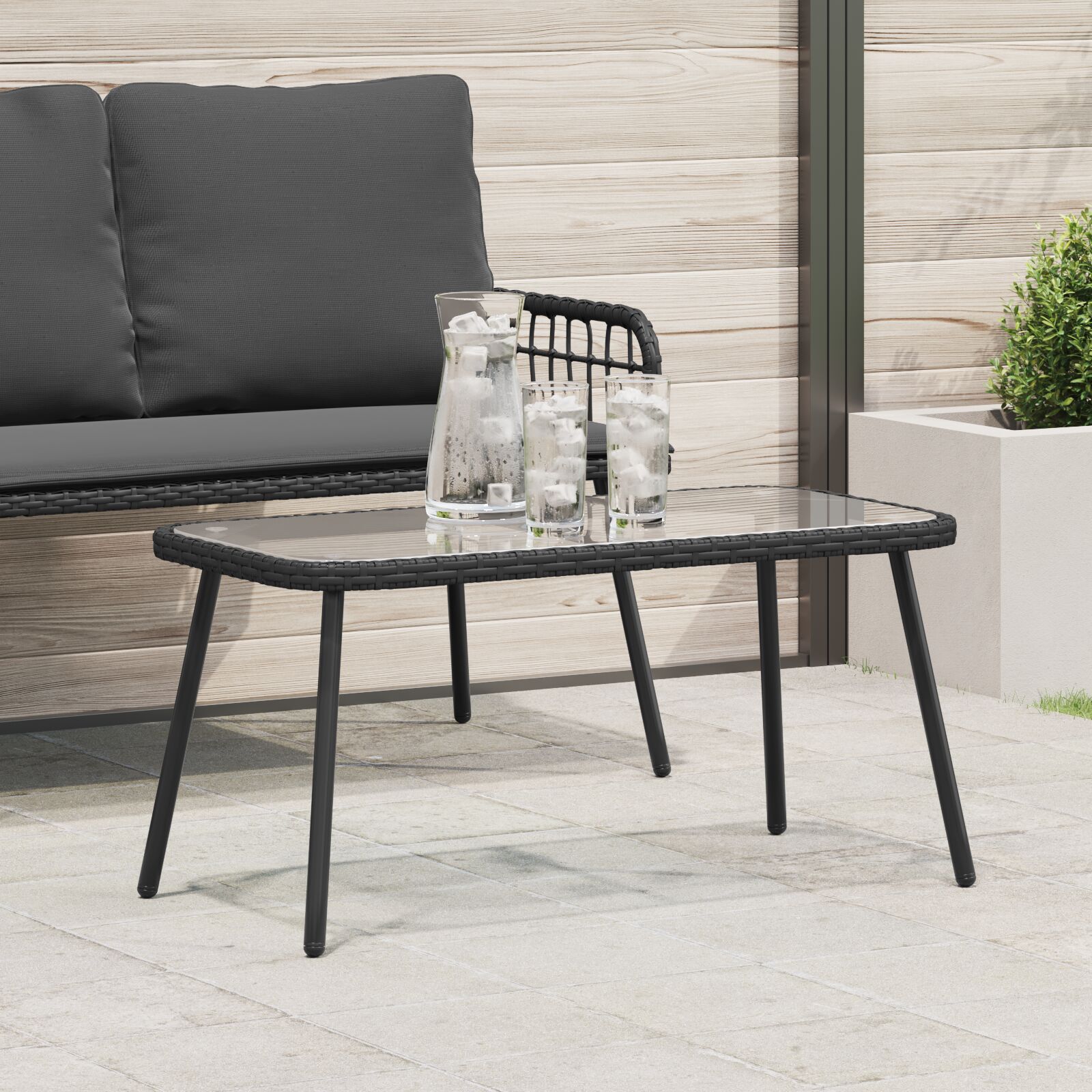 vidaXL Couchtisch Schwarz PE Rattan, Glas, Stahl 90 x 45 x 43 cm Robust