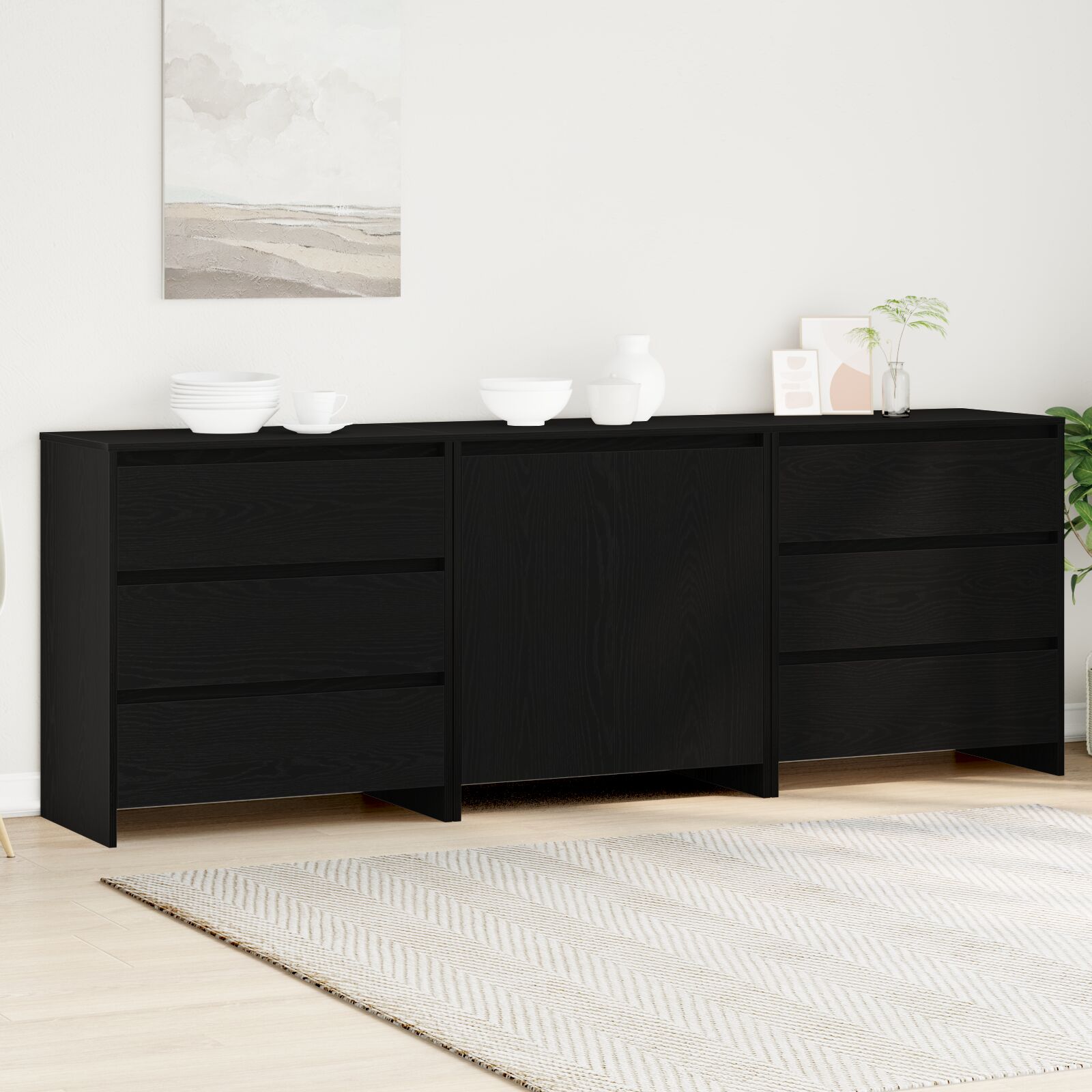 vidaXL Sideboard Set von 3 Schwarze Eiche Holzwerkstoff Mittel