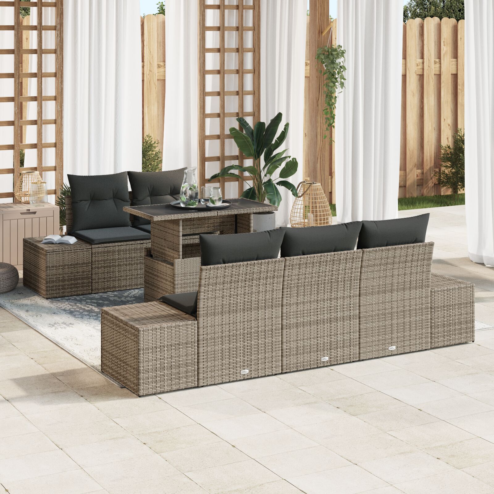 vidaXL Garten Sofa Set 6-teilig Grau Rattan, Polyester Garten Sofa Set