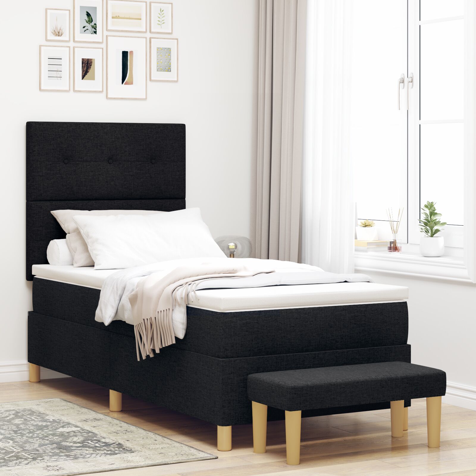 Krevet s Podnicom s Madracem i Klupicom Crna 90x190 cm Tkanina