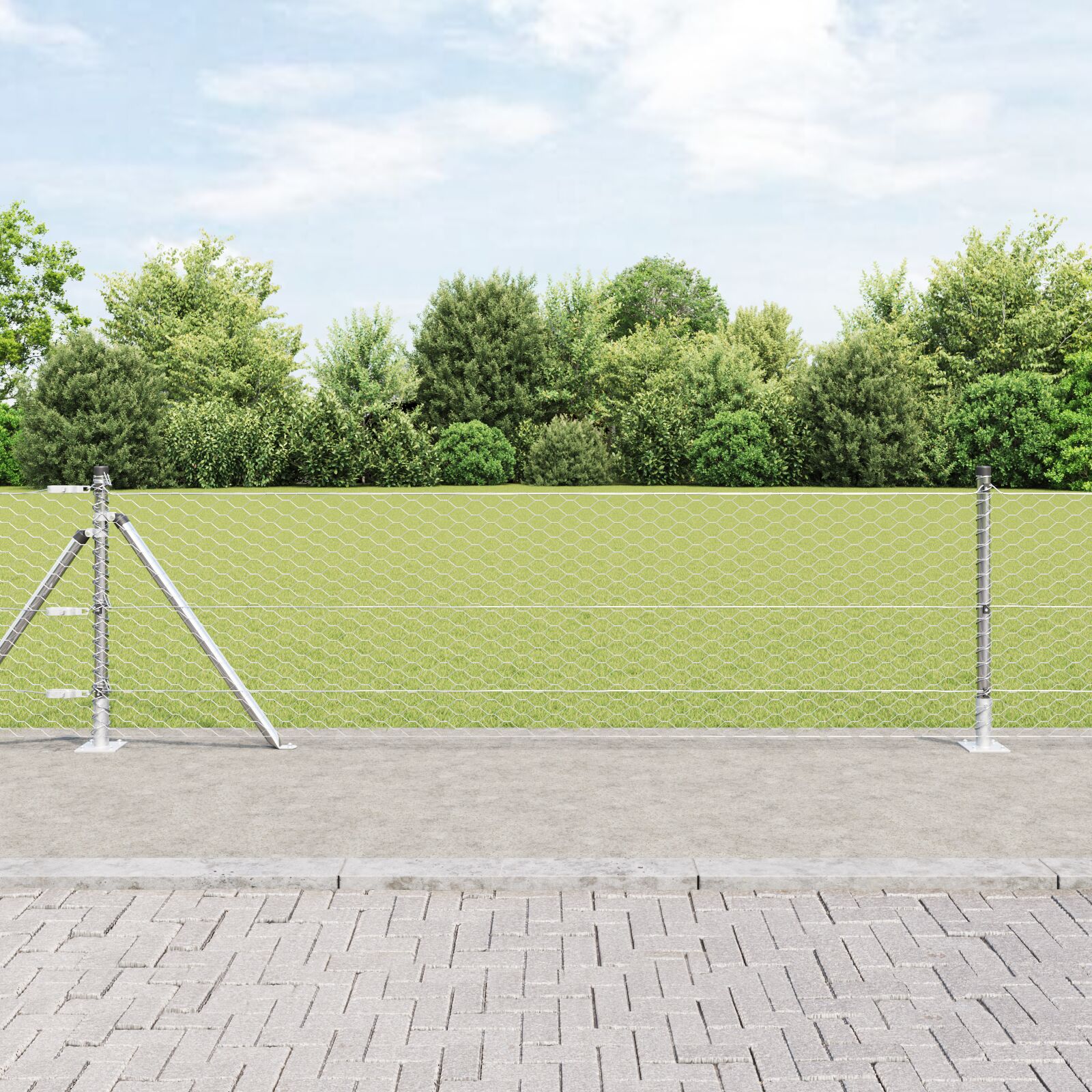 hexagon hegn 0.6x100 m galvaniseret stål, vidaXL hegnspæle med baseplader 13 stk Ø32mm 70cm galvaniseret stål