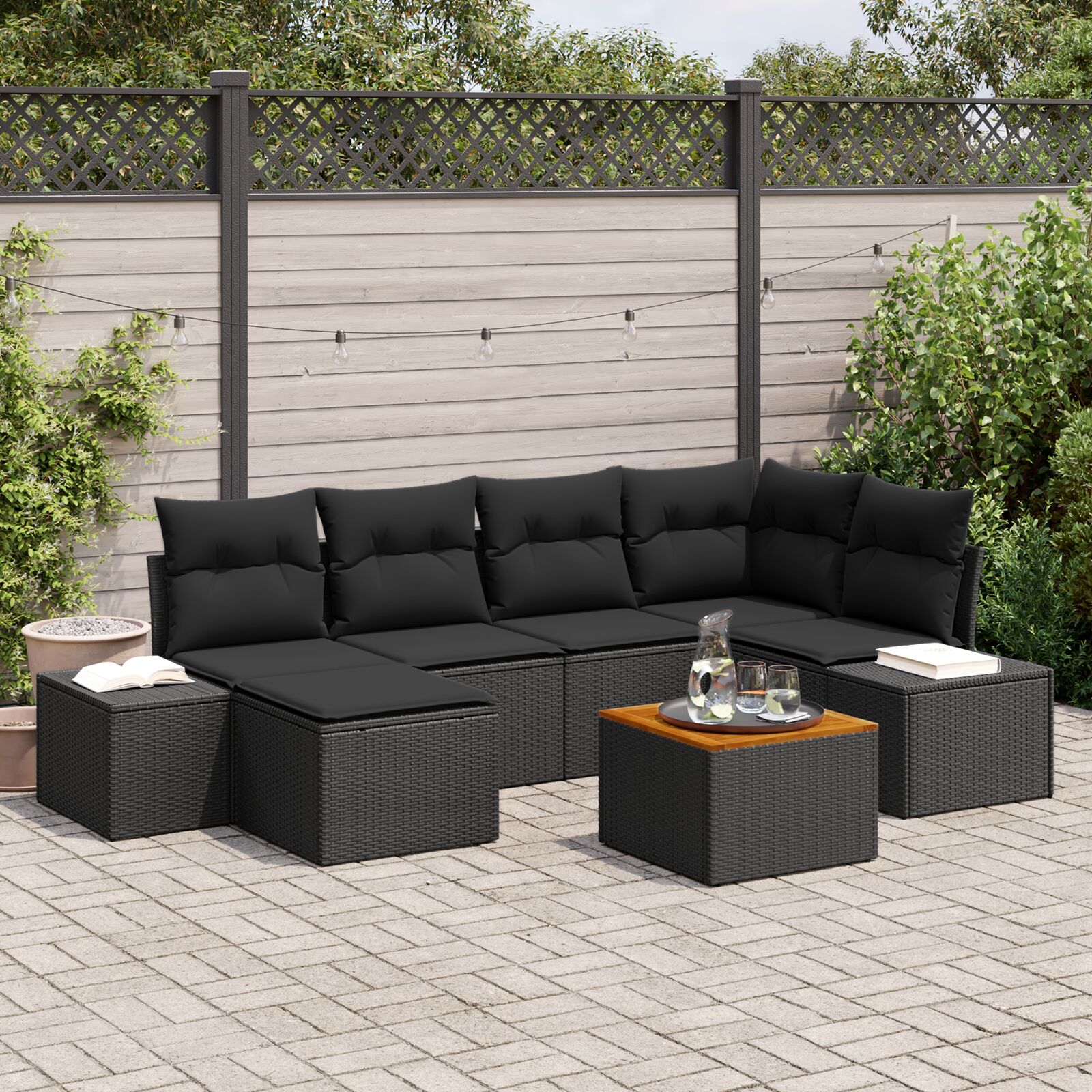 vidaXL set od 7 vrtnih sofa s jastučićima, crni poli ratan