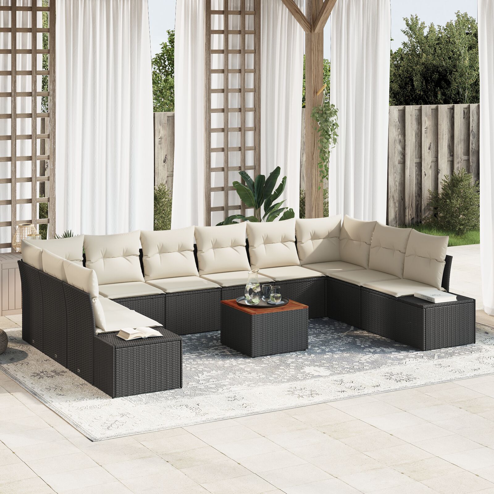 vidaXL 11-delige Tuin Sofa Set met Kussens Zwart Poly Rattan Acacia