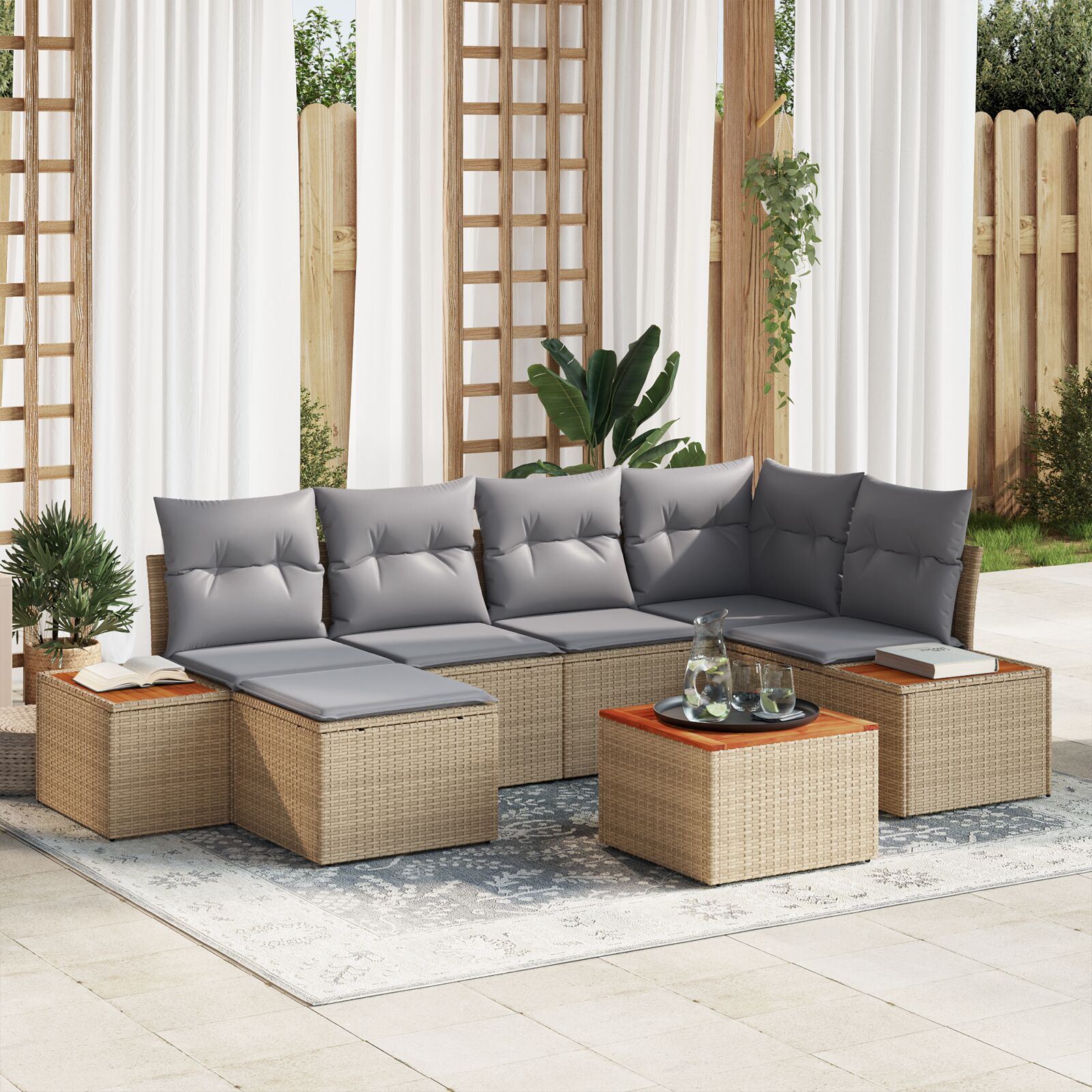 vidaXL set od 7 komada vrtnih sofa s jastučićima bež Poli ratan akacija