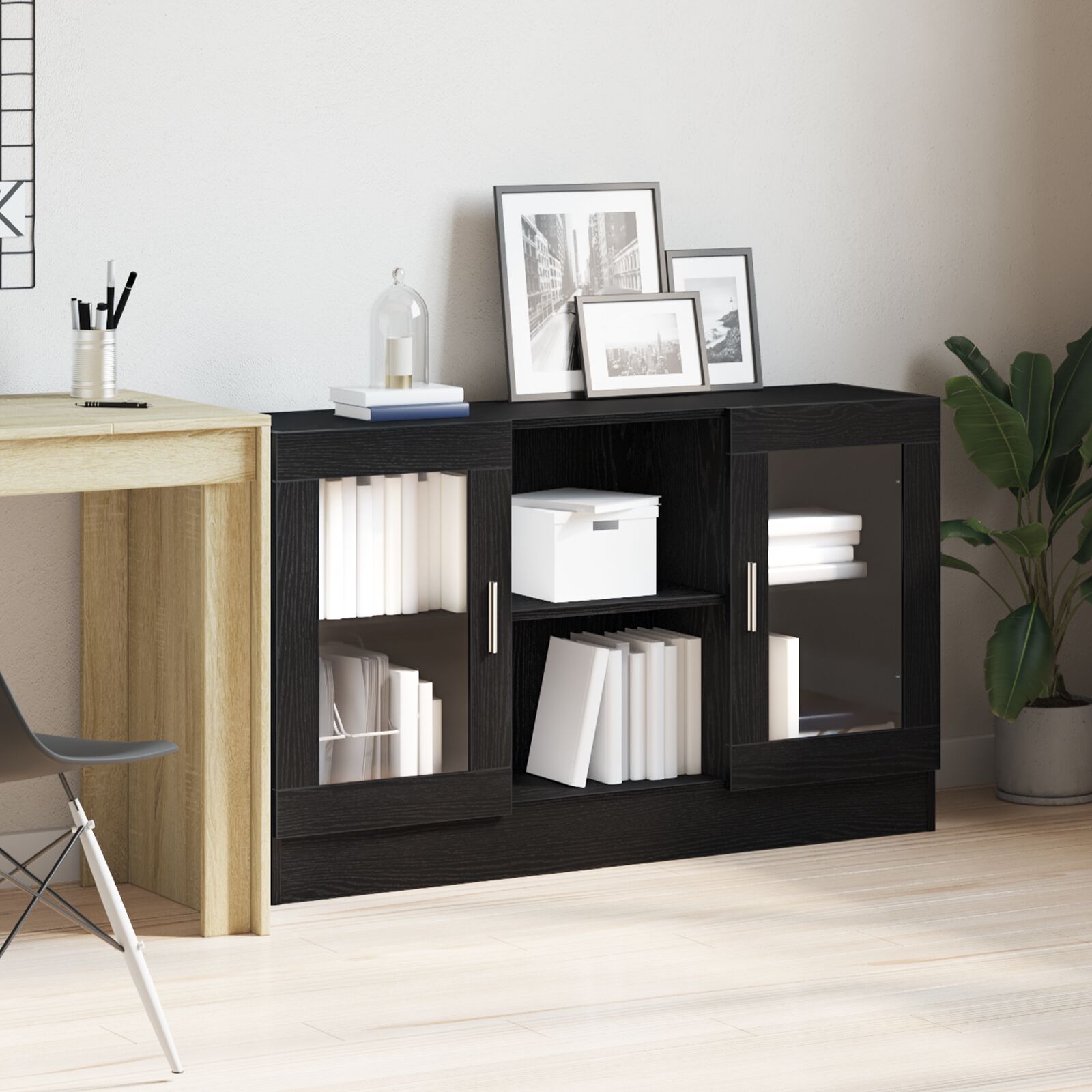 vidaXL Sideboard Schwarz Eiche Holzwerkstoff und Glas Mittel Sideboard