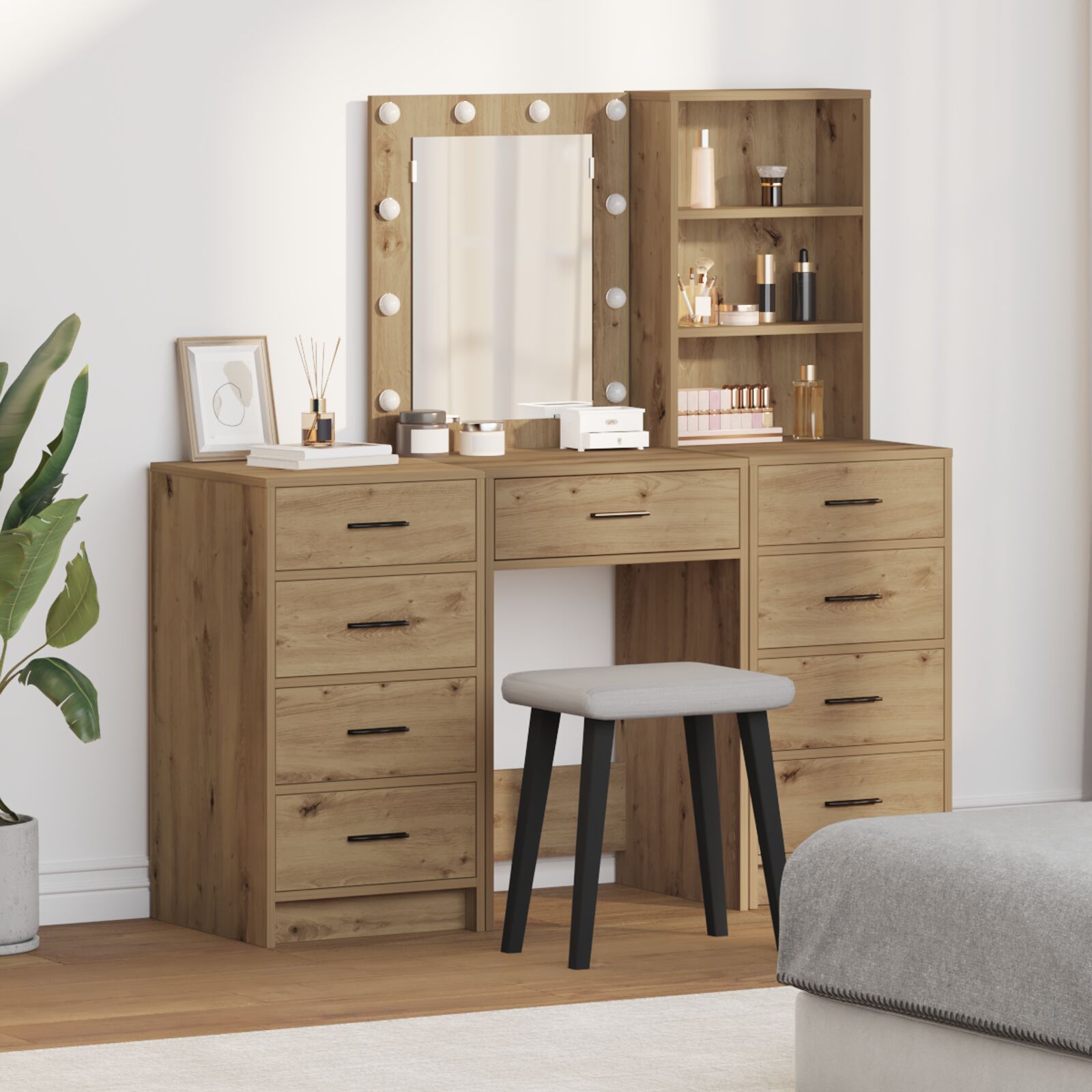 vidaXL Set aus 3 Artisan Eiche Holzwerkstoff, Spiegel Highboard