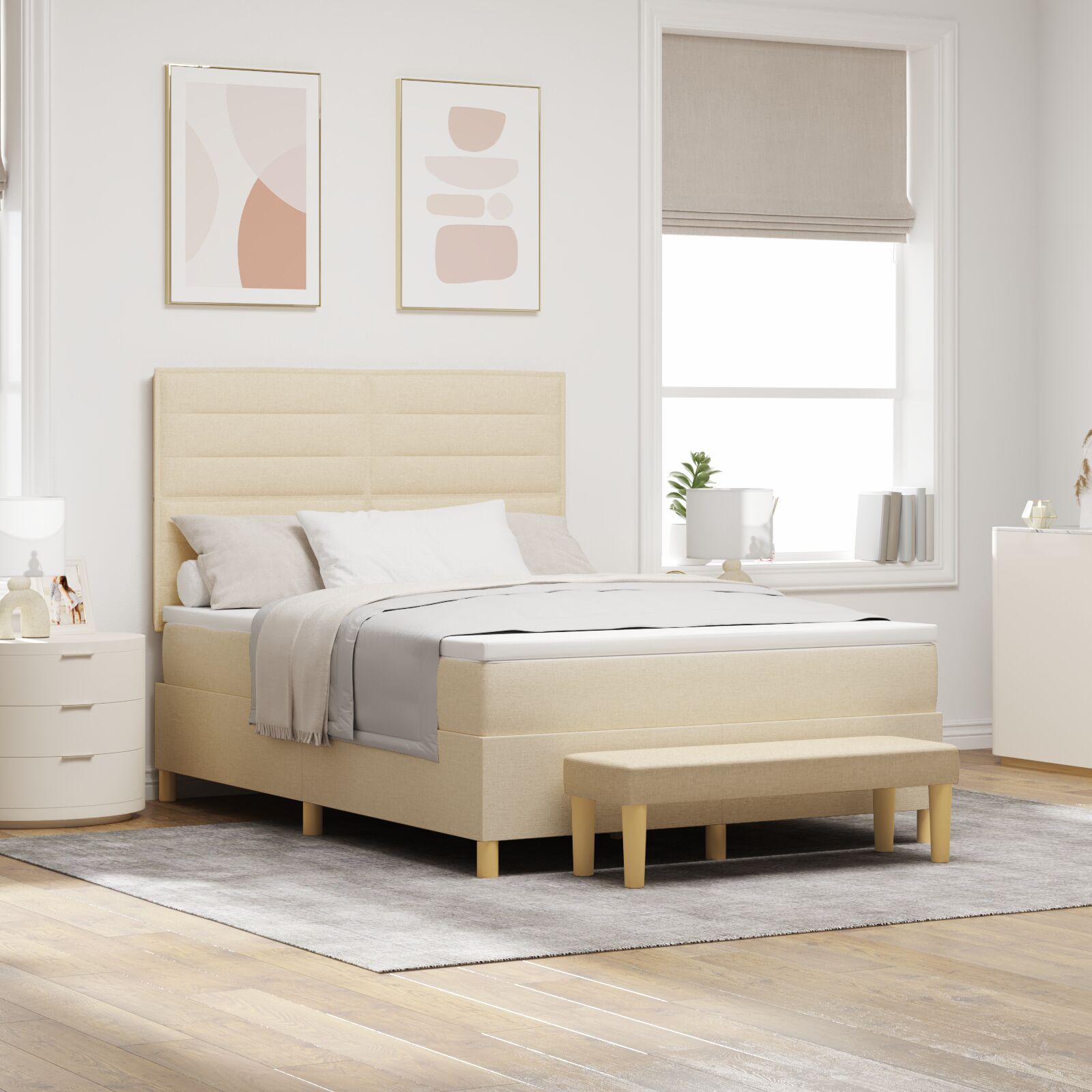 Boxspring Seng med Madras & Bænk Creme 140x190 cm Stof