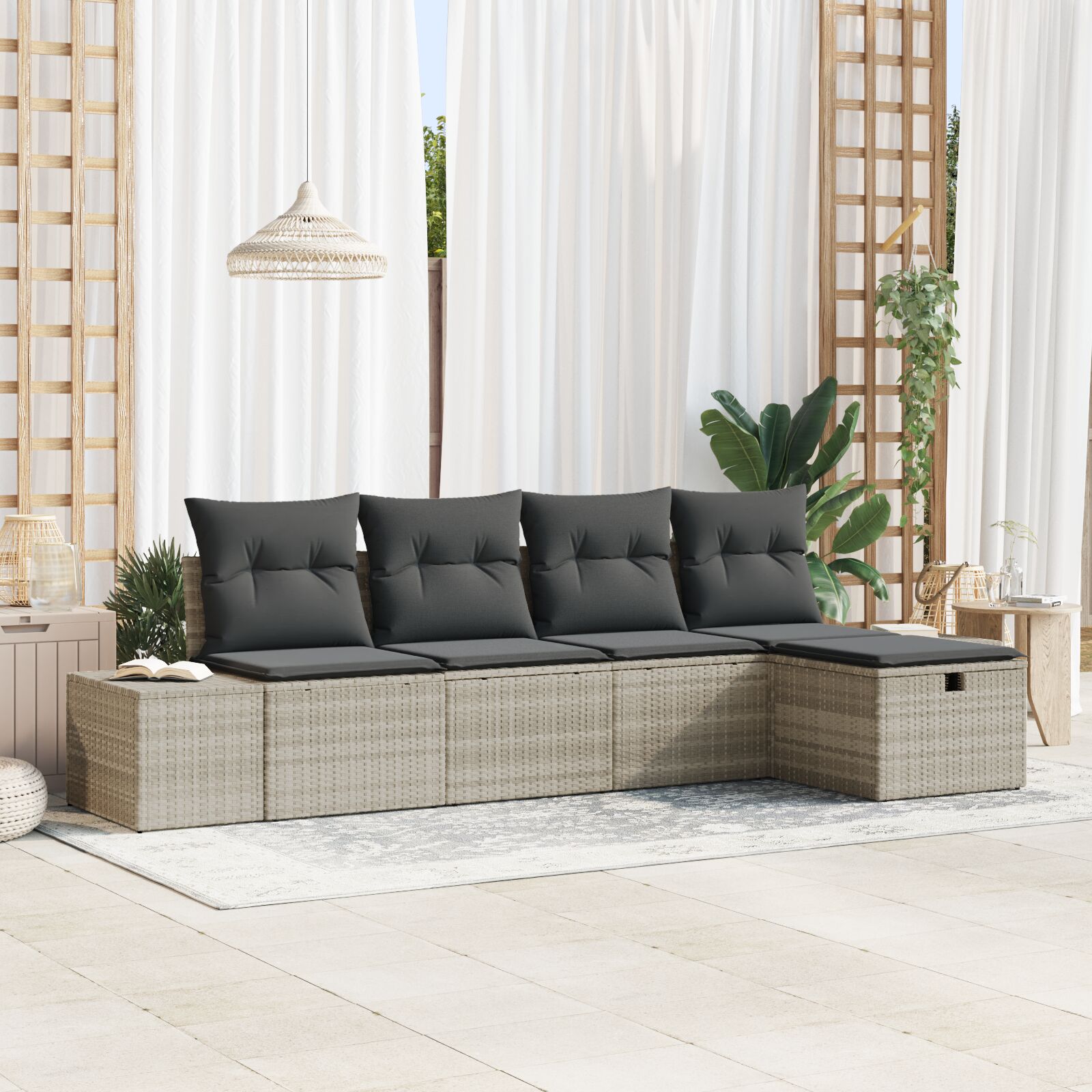 vidaXL 5-delige Tuin Sofa Set met Kussens Lichtgrijs Poly Rattan