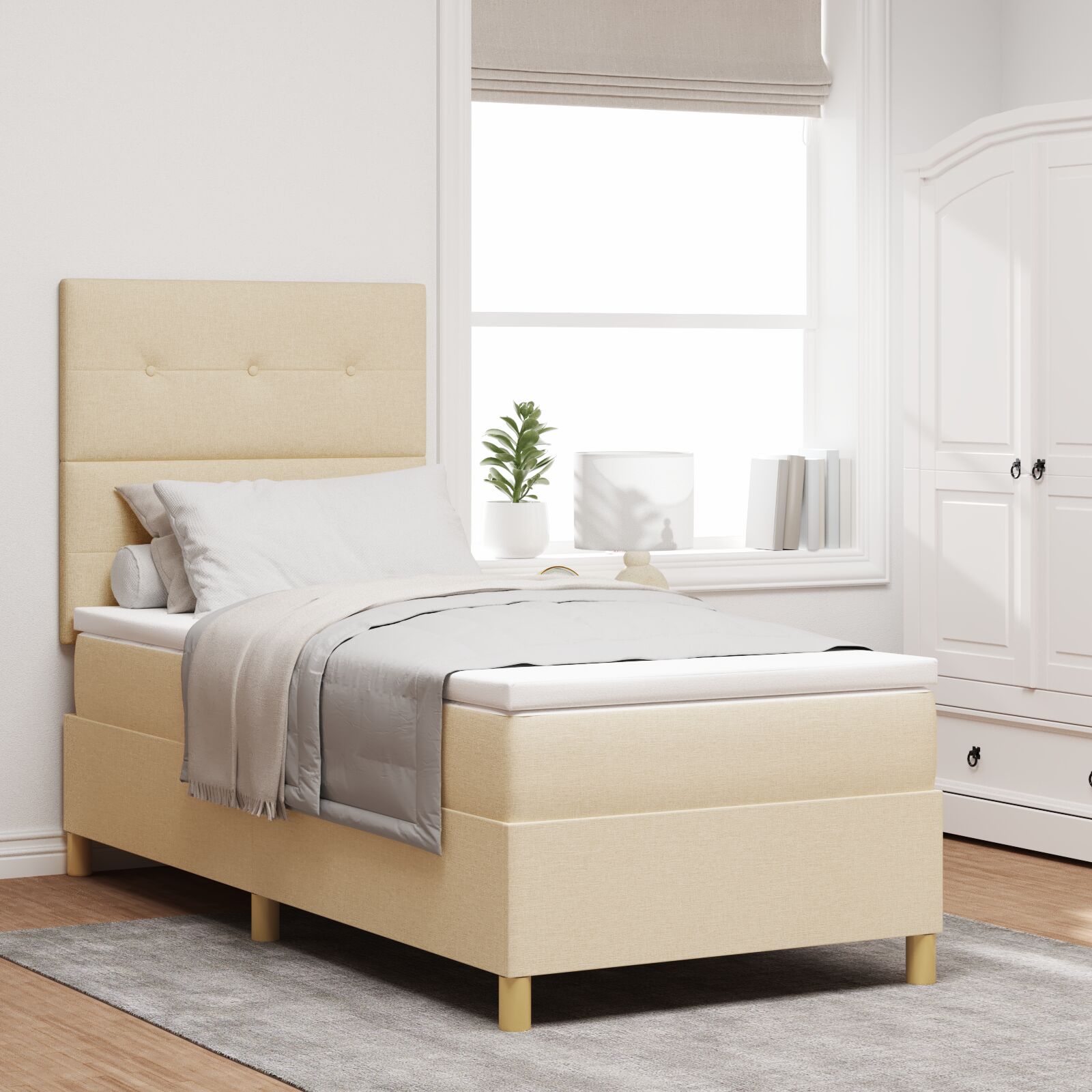 vidaXL Boxspringbett mit Matratze Creme Einzelstoff