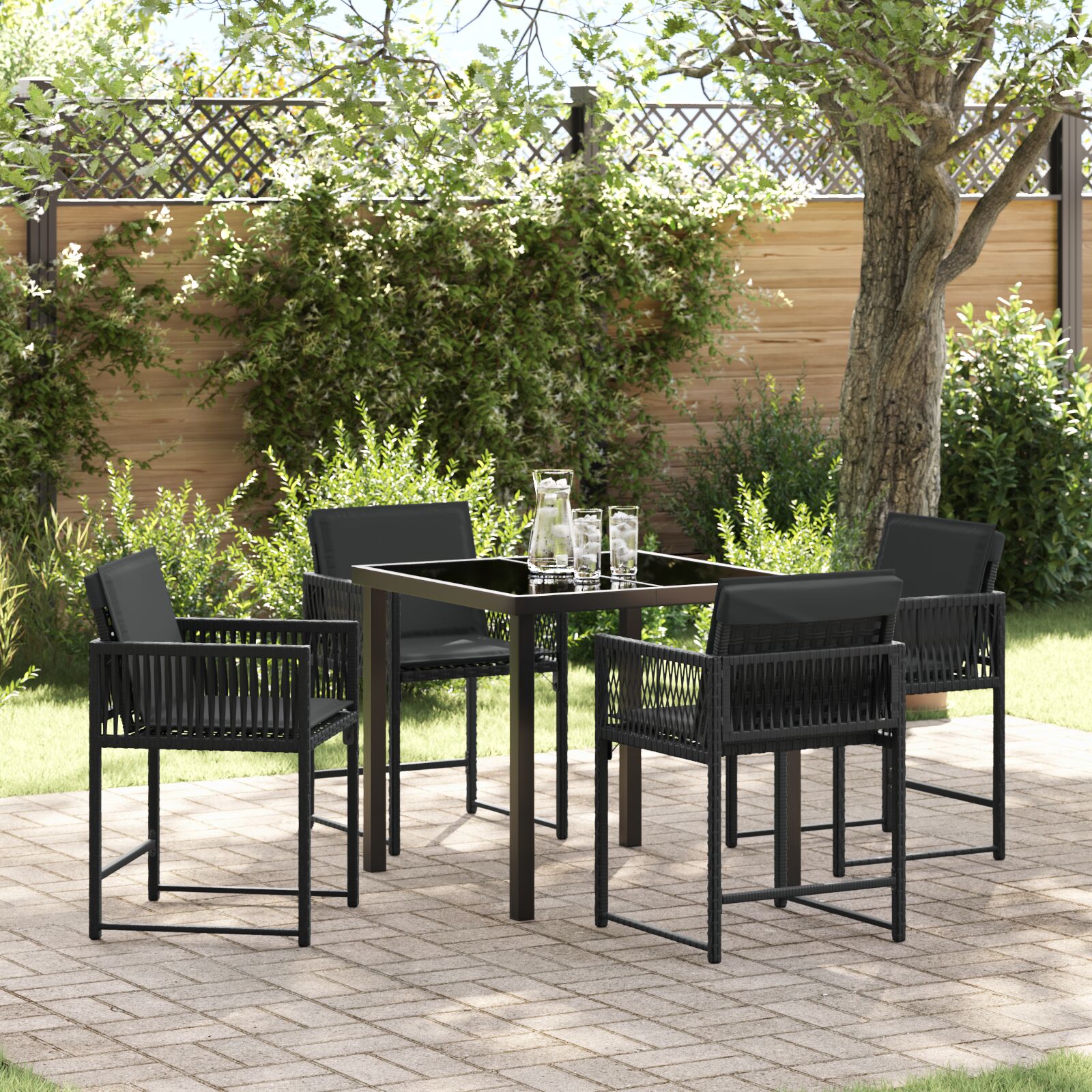Conjunto de Jantar de Jardim  com Almofadas Preto Rattan Polímero